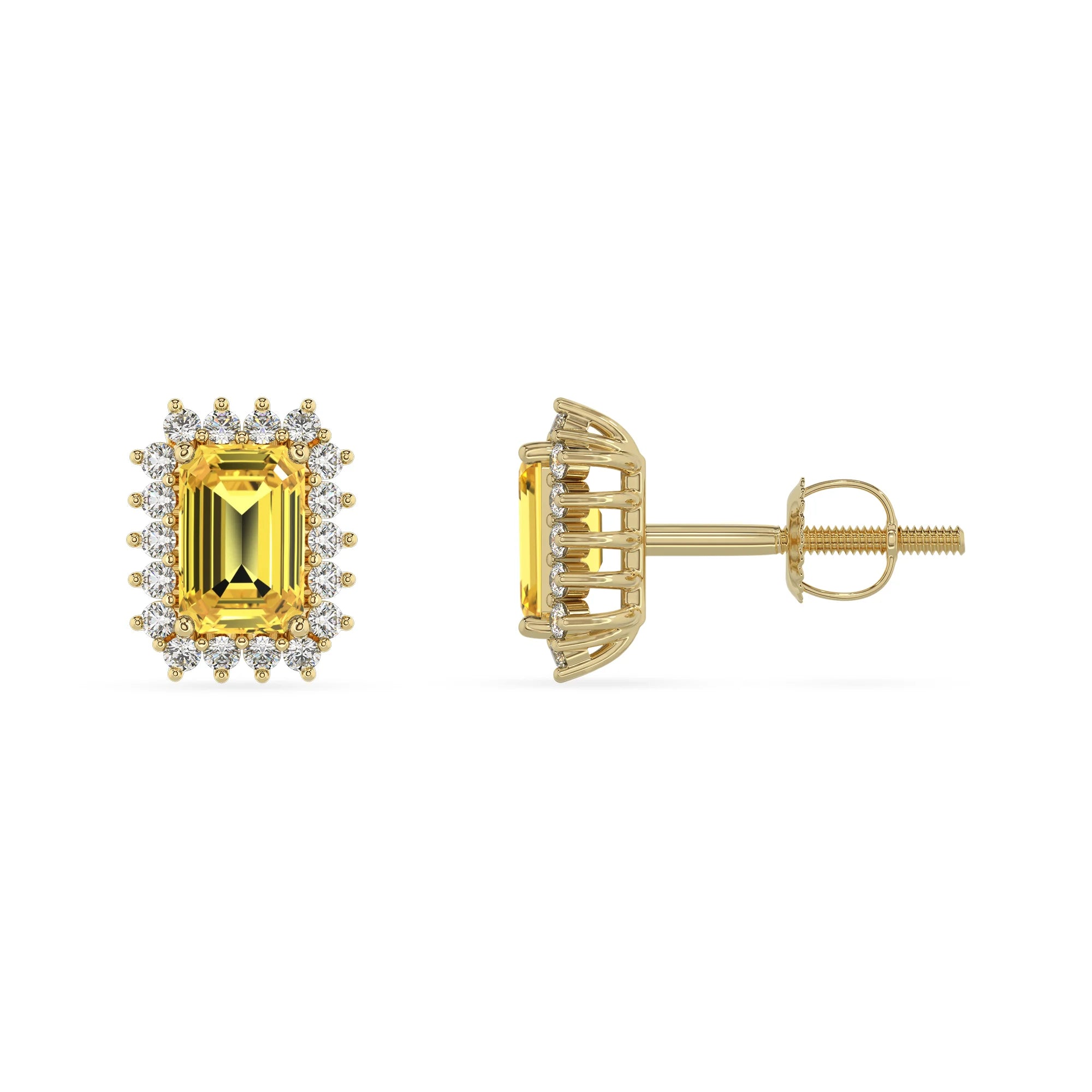 lab grown yellow sapphire emerald cut stud earrings in yellow gold