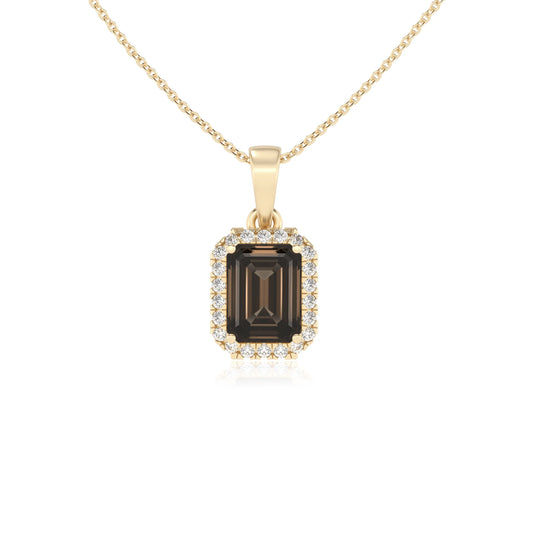 natural smoky-quartz emerald cut solitaire necklaces in yellow gold