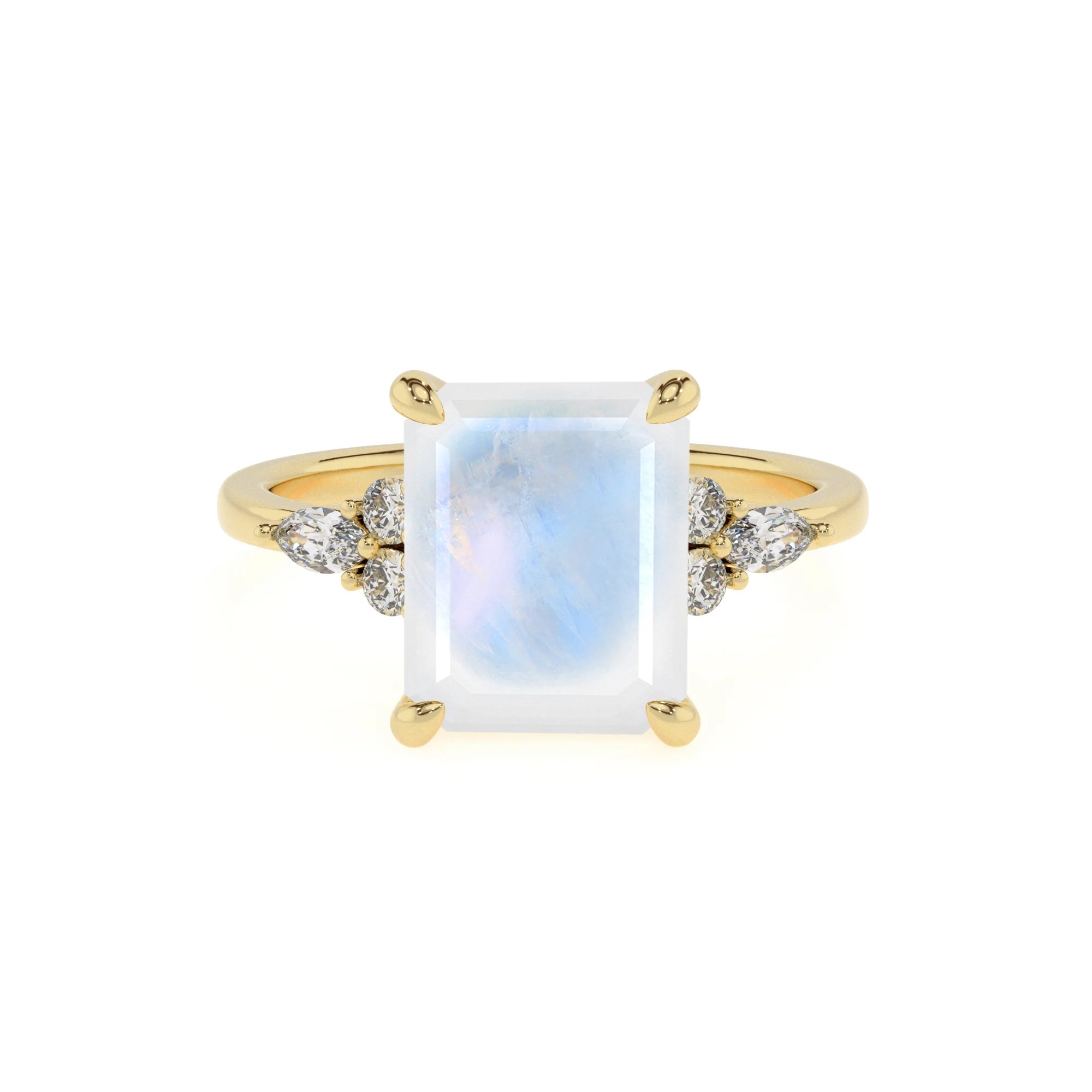 natural rainbow-moonstone emerald cut solitaire rings in yellow gold