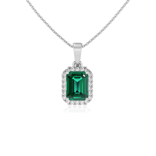 lab grown emerald octogon cut solitaire necklaces in white gold