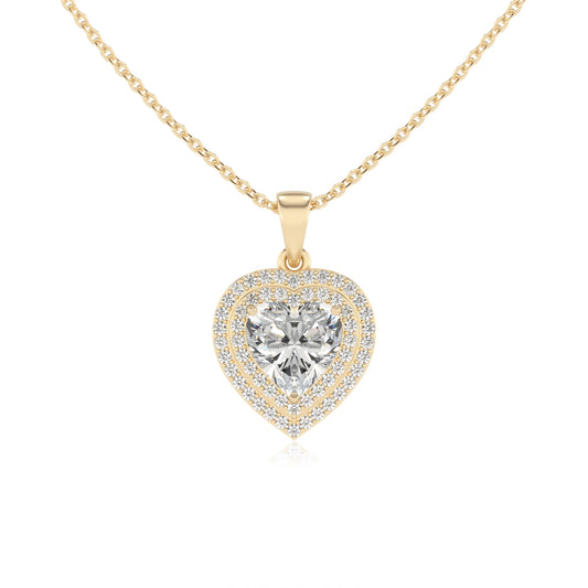 lab grown moissanite heart halo necklaces in yellow gold