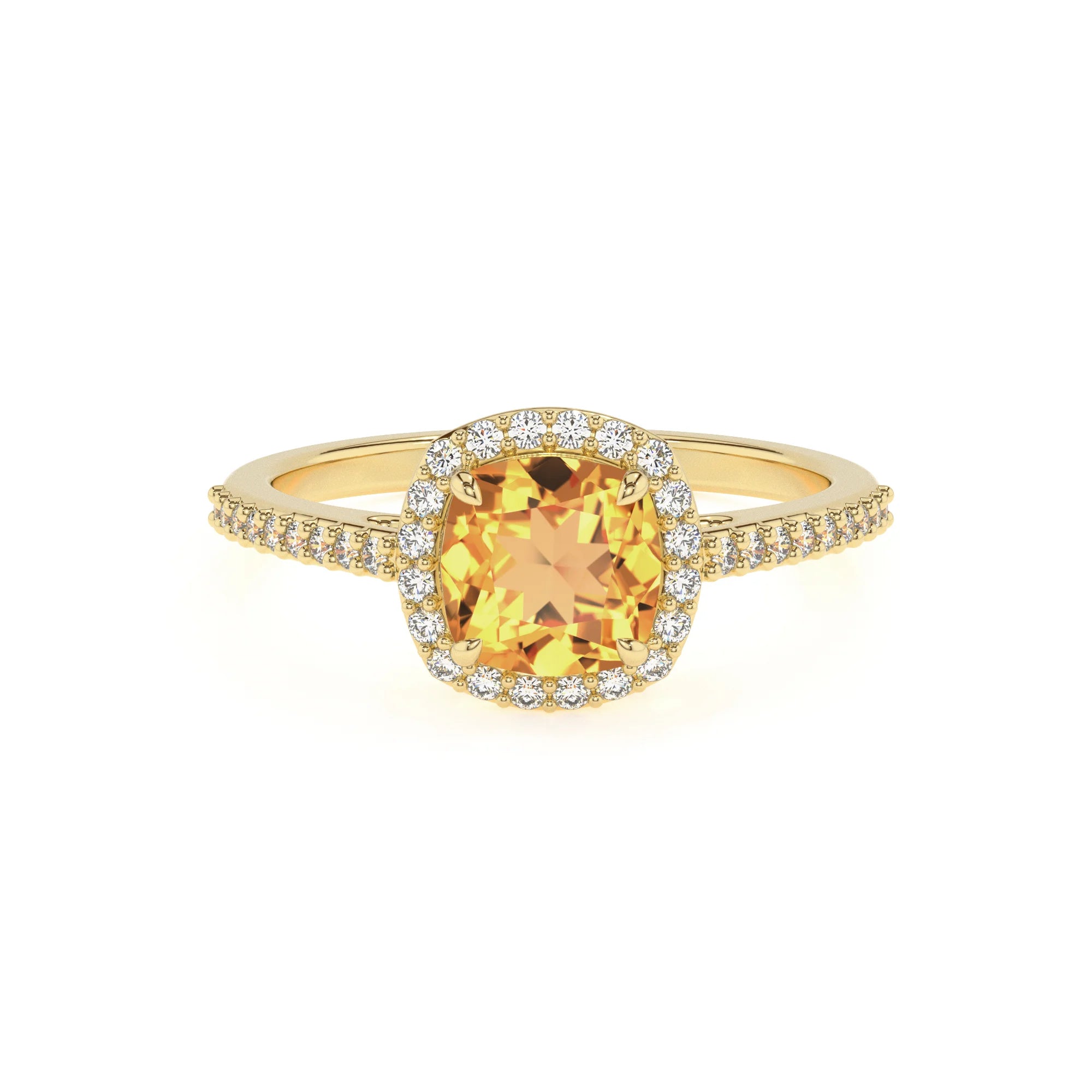 lab grown citrine cushion solitaire rings in yellow gold