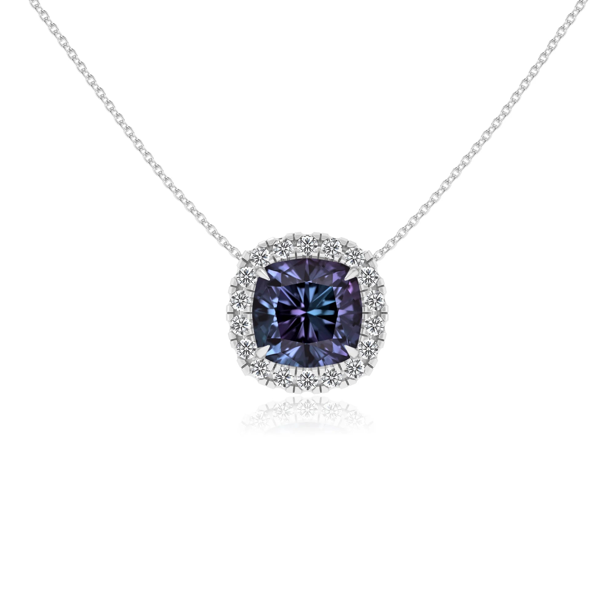 lab grown alexandrite cushion solitaire necklaces in sterling silver