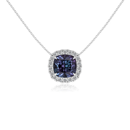 lab grown alexandrite cushion solitaire necklaces in sterling silver