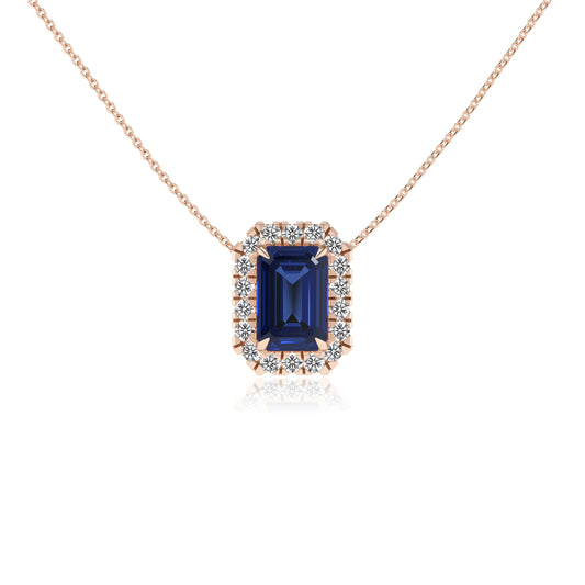 lab grown blue sapphire emerald cut solitaire necklaces in rose gold