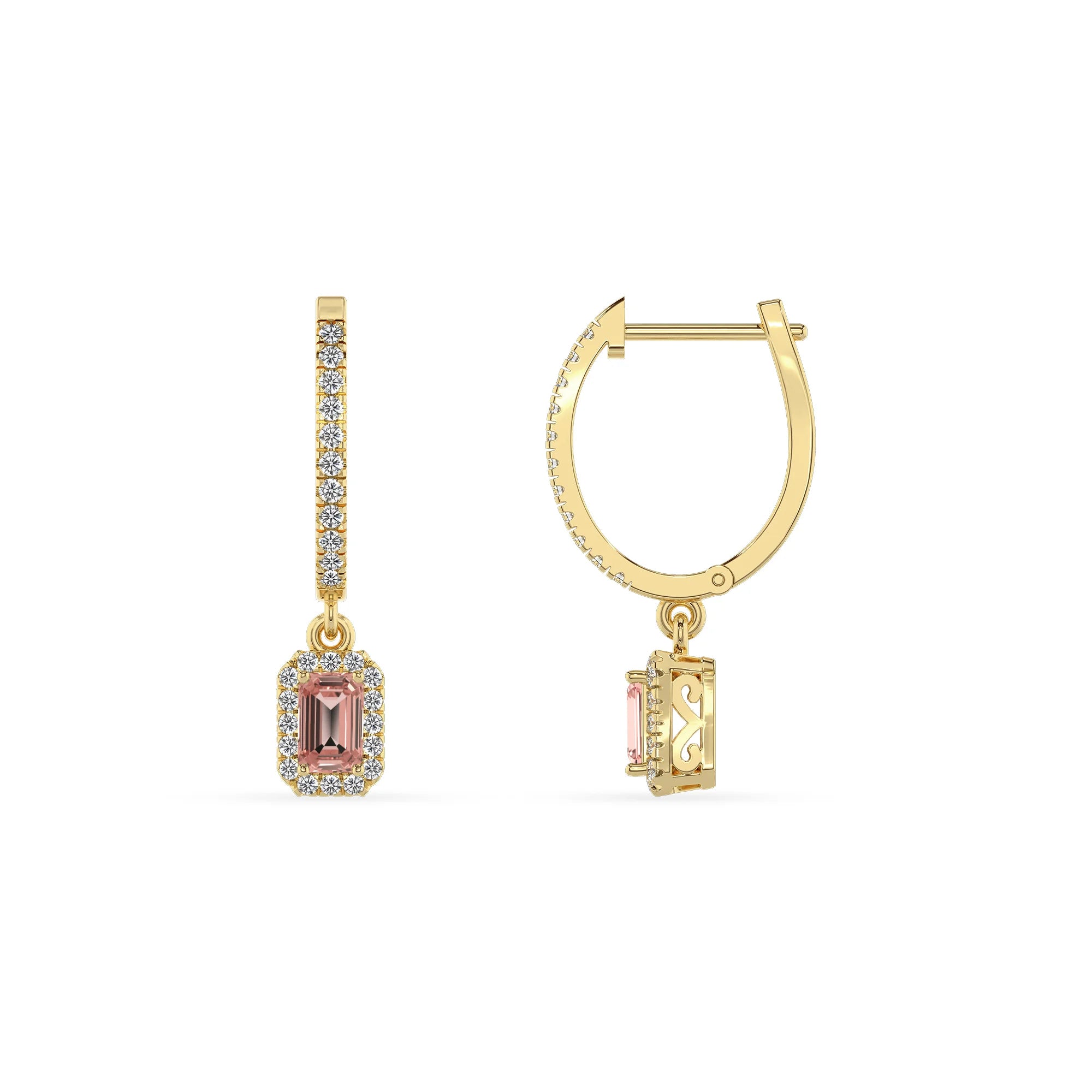 lab grown morganite emerald cut drop earrings in yellow gold