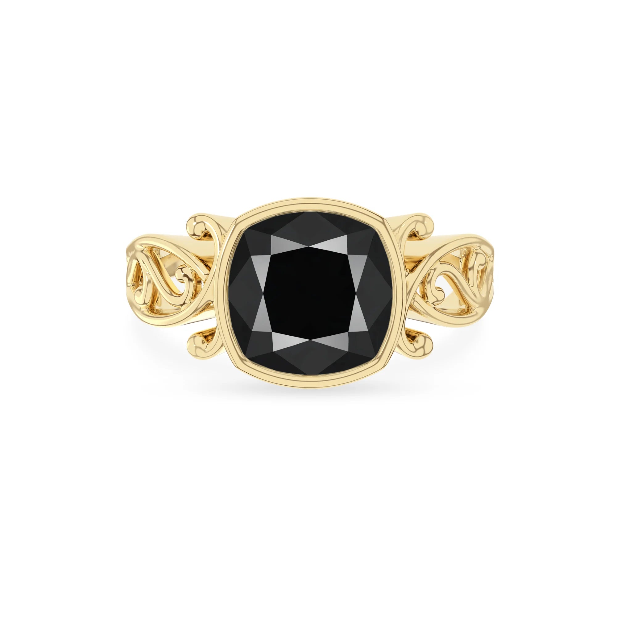 natural black-onyx cushion solitaire rings in yellow gold