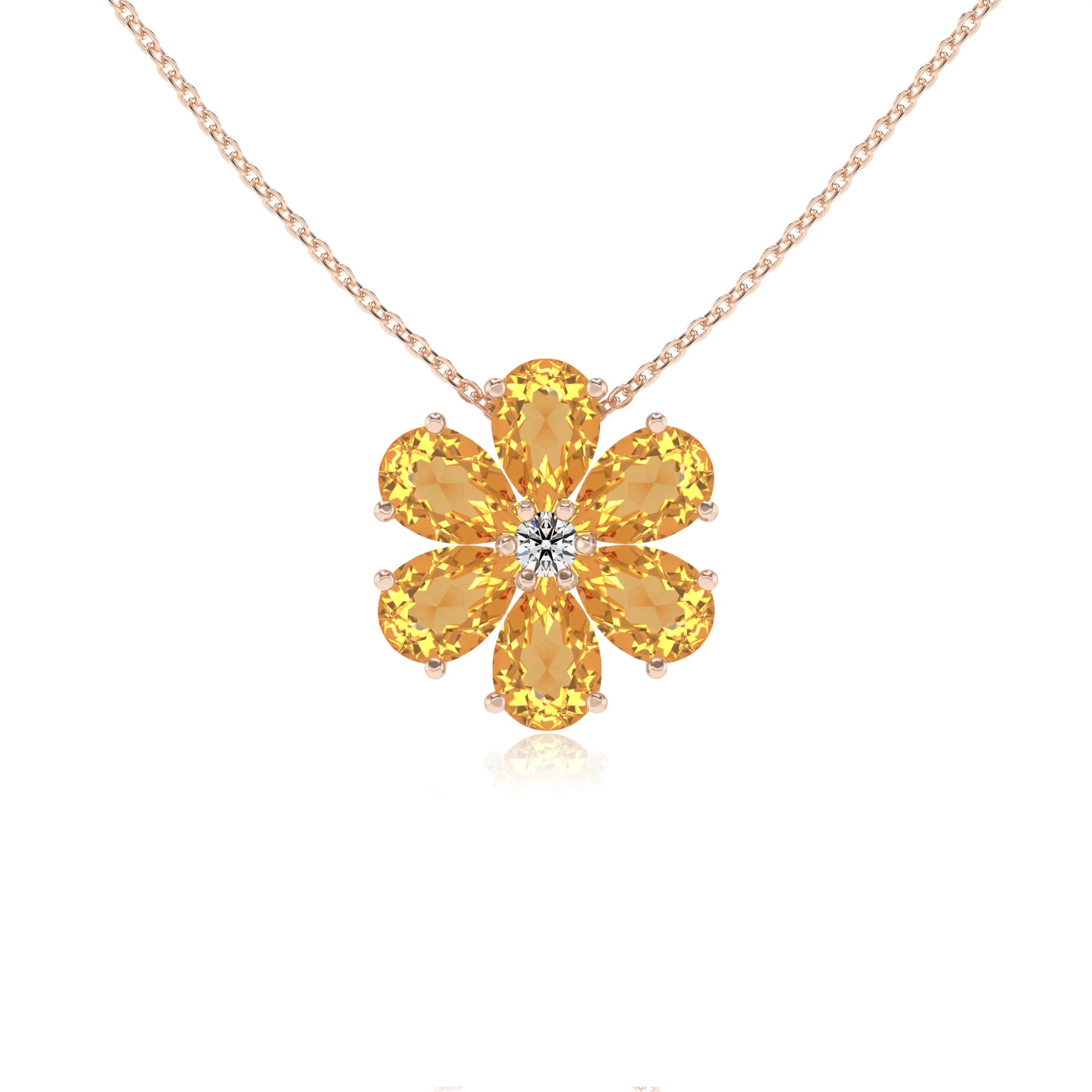 lab grown citrine pear solitaire necklaces in rose gold