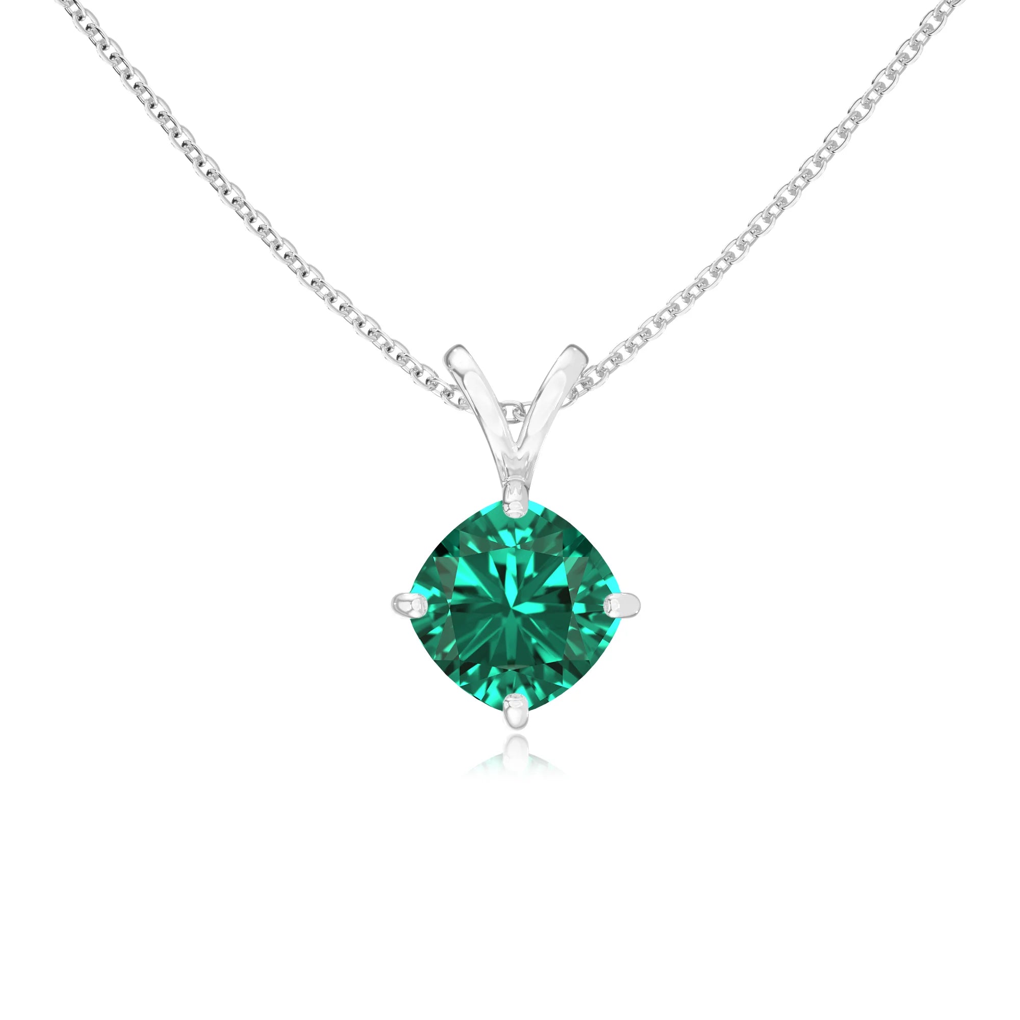 lab grown emerald cushion solitaire v-bale necklaces in white gold