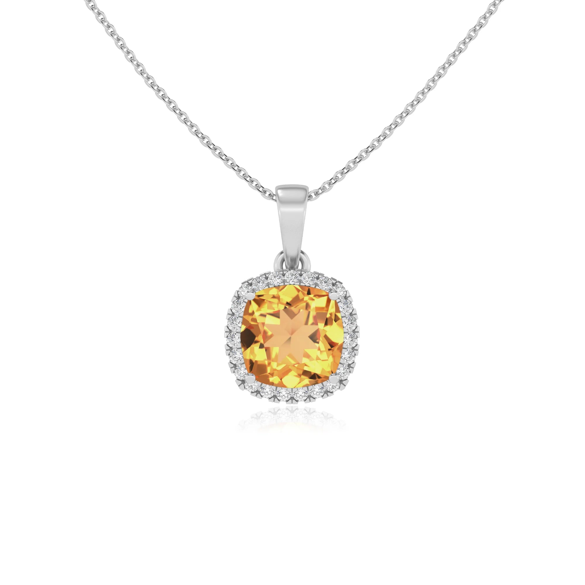 lab grown citrine cushion solitaire necklaces in white gold