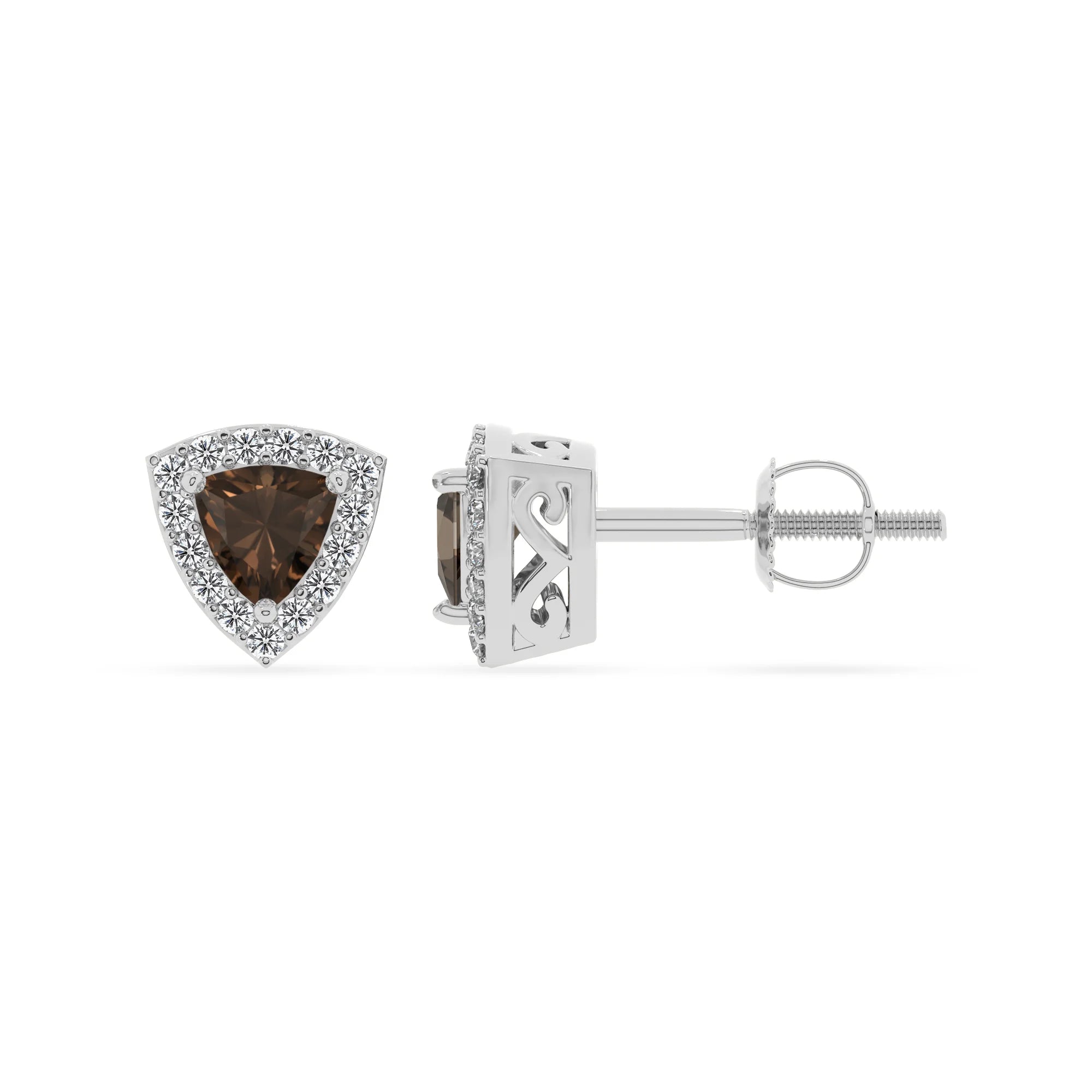natural smoky quartz trillion stud earrings in white gold