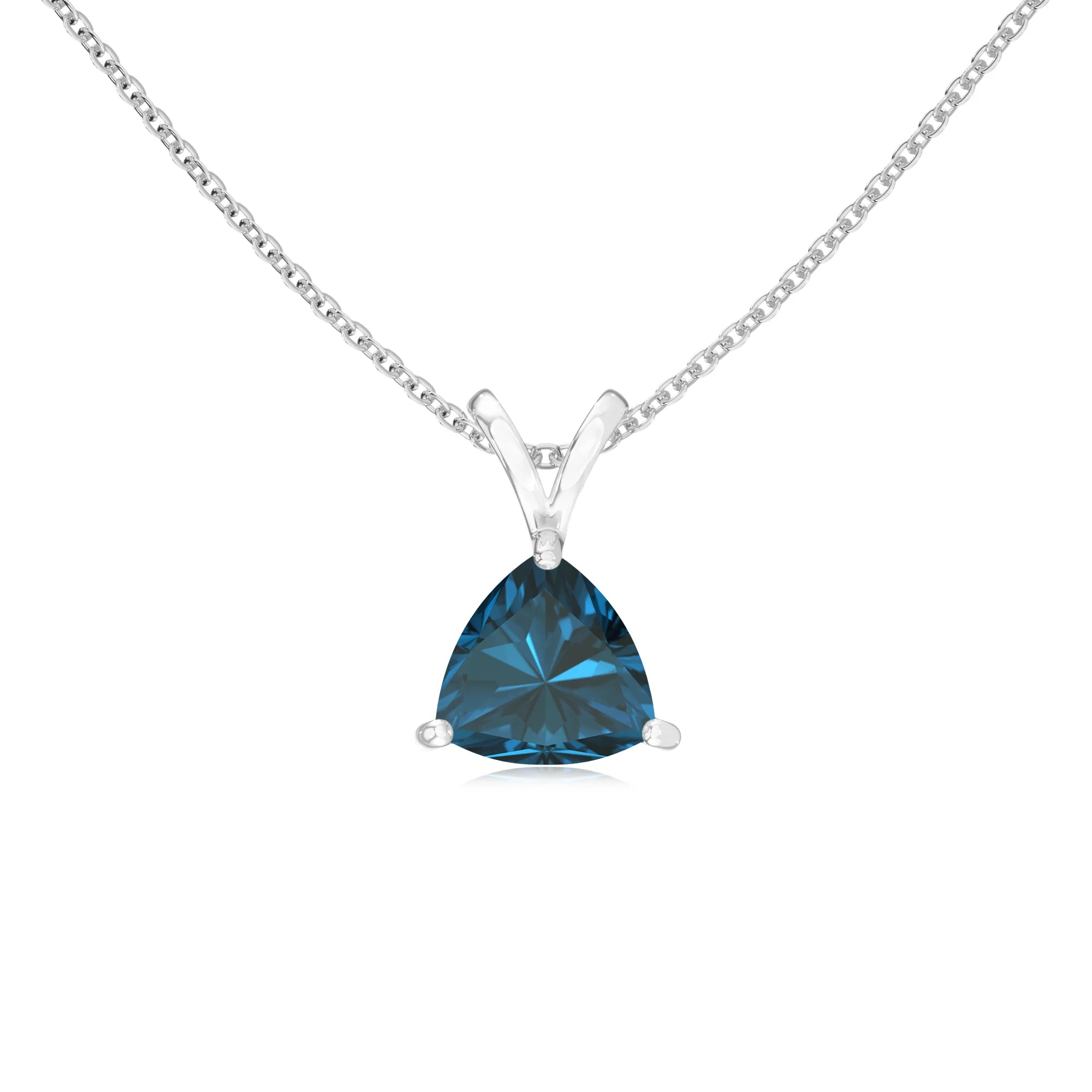 natural london-blue-topaz trillion solitaire v-bale necklaces in white gold