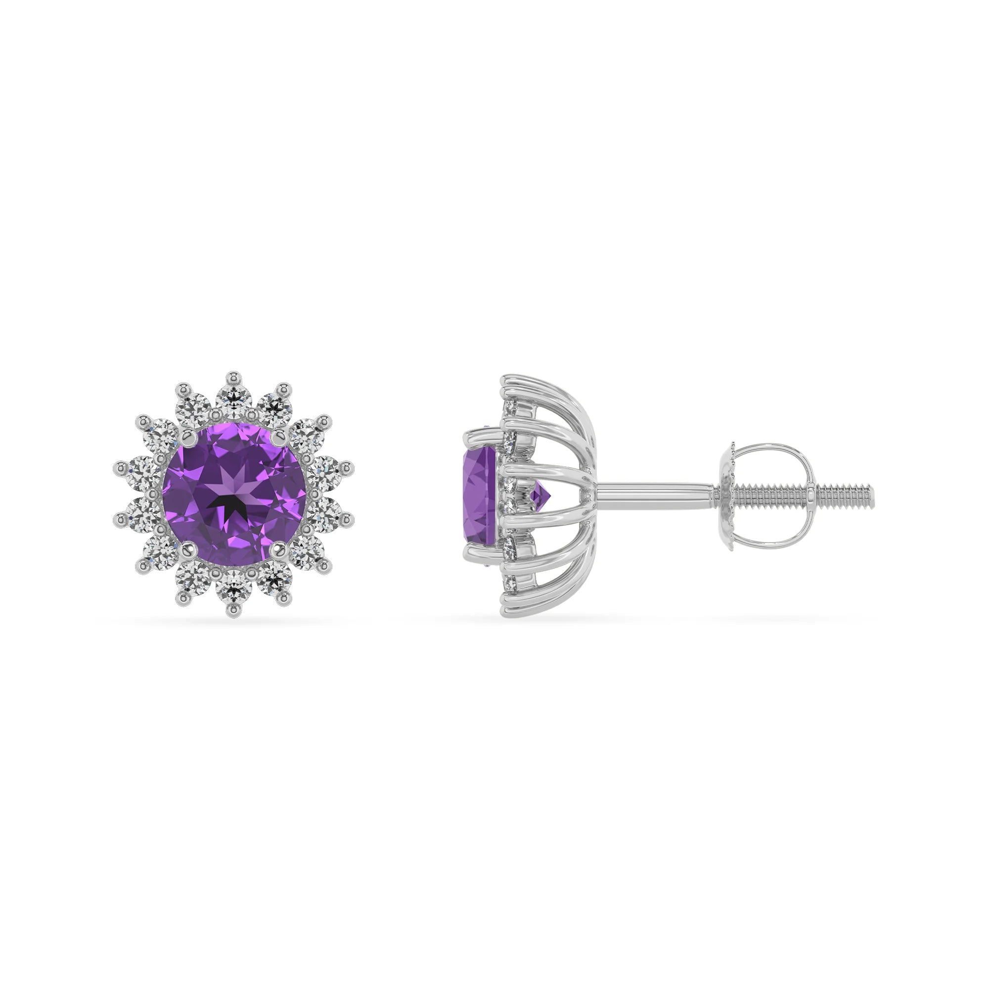 lab grown amethyst round stud earrings in platinum