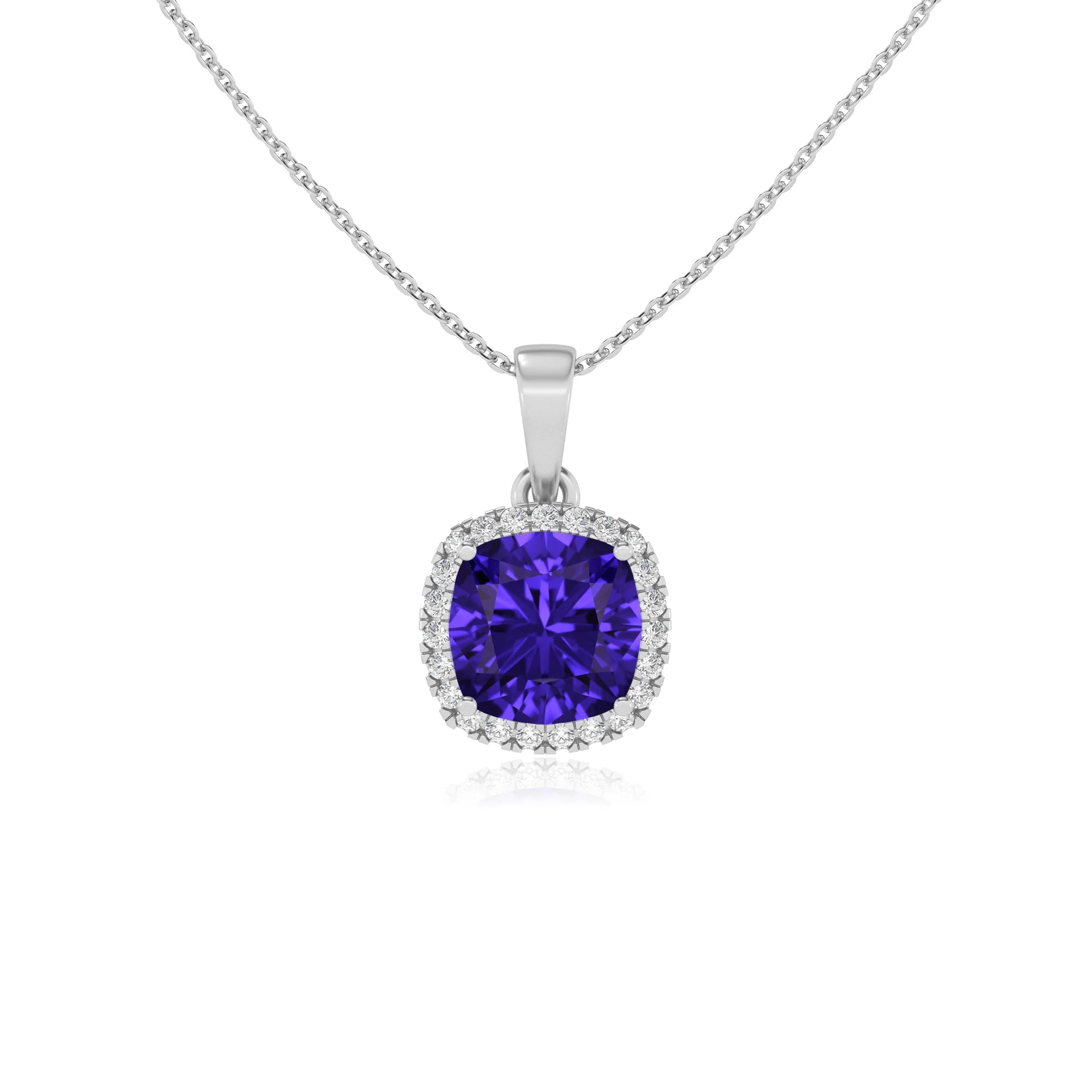 lab grown tanzanite cushion solitaire necklaces in white gold