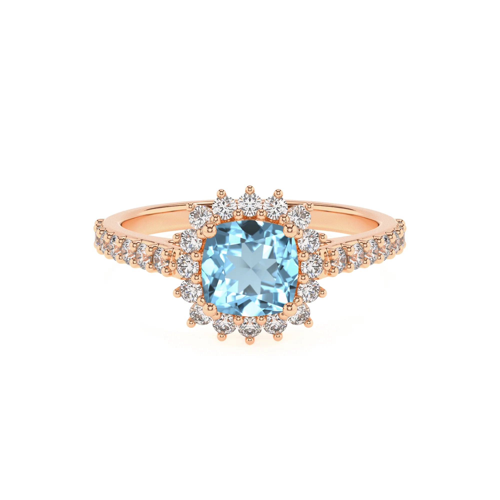 lab grown aquamarine cushion solitaire rings in rose gold