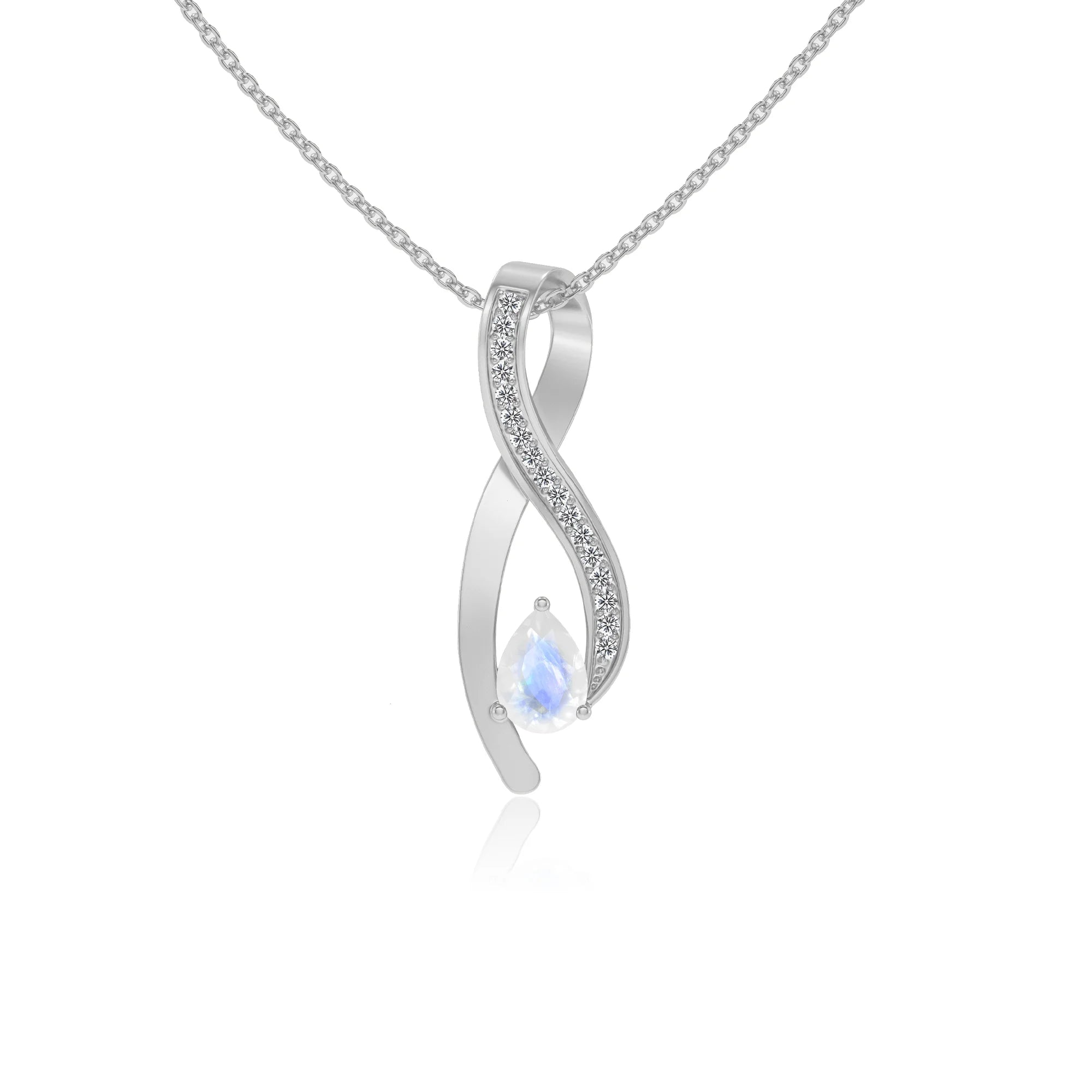 natural rainbow-moonstone pear solitaire necklaces in platinum