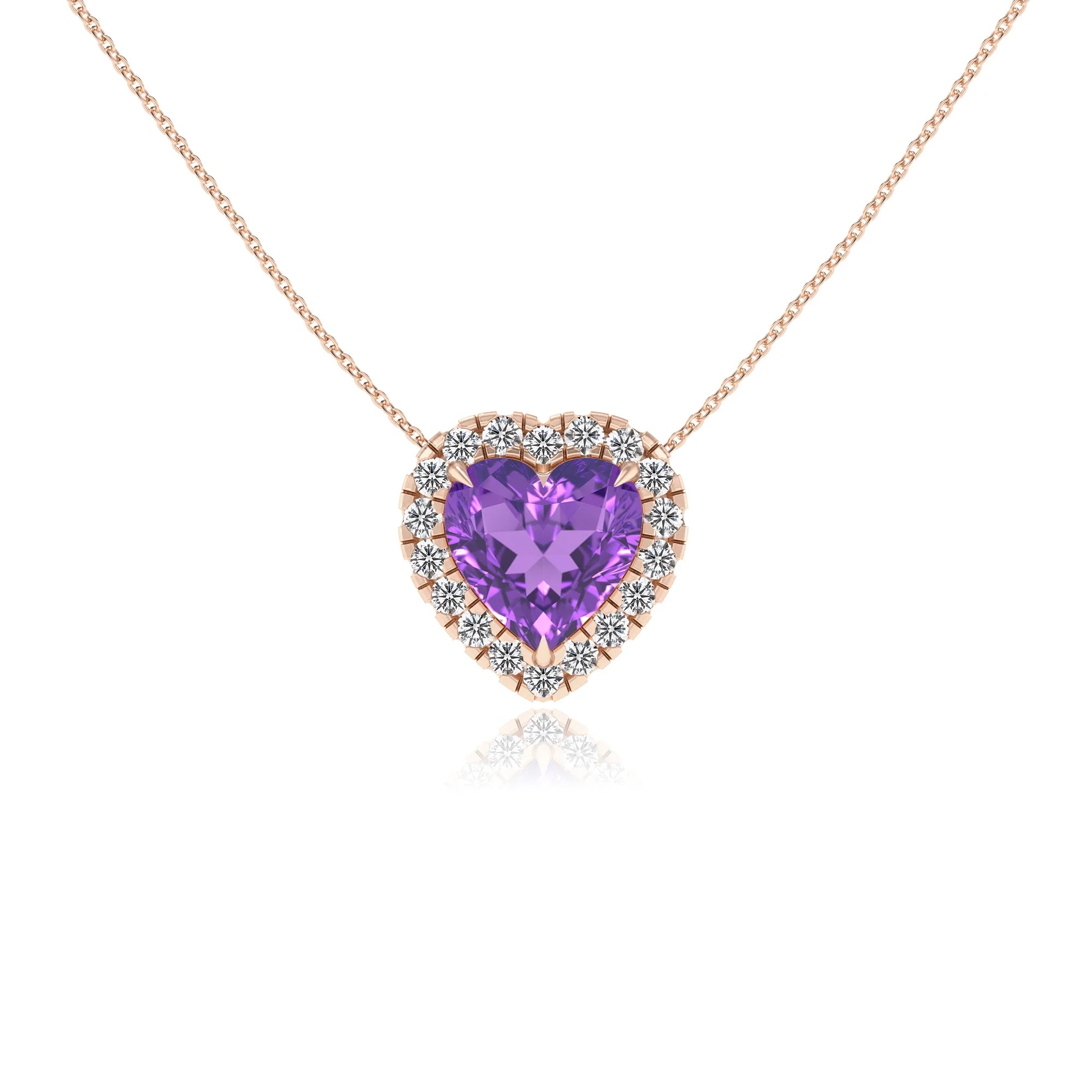 lab grown amethyst heart solitaire necklaces in rose gold