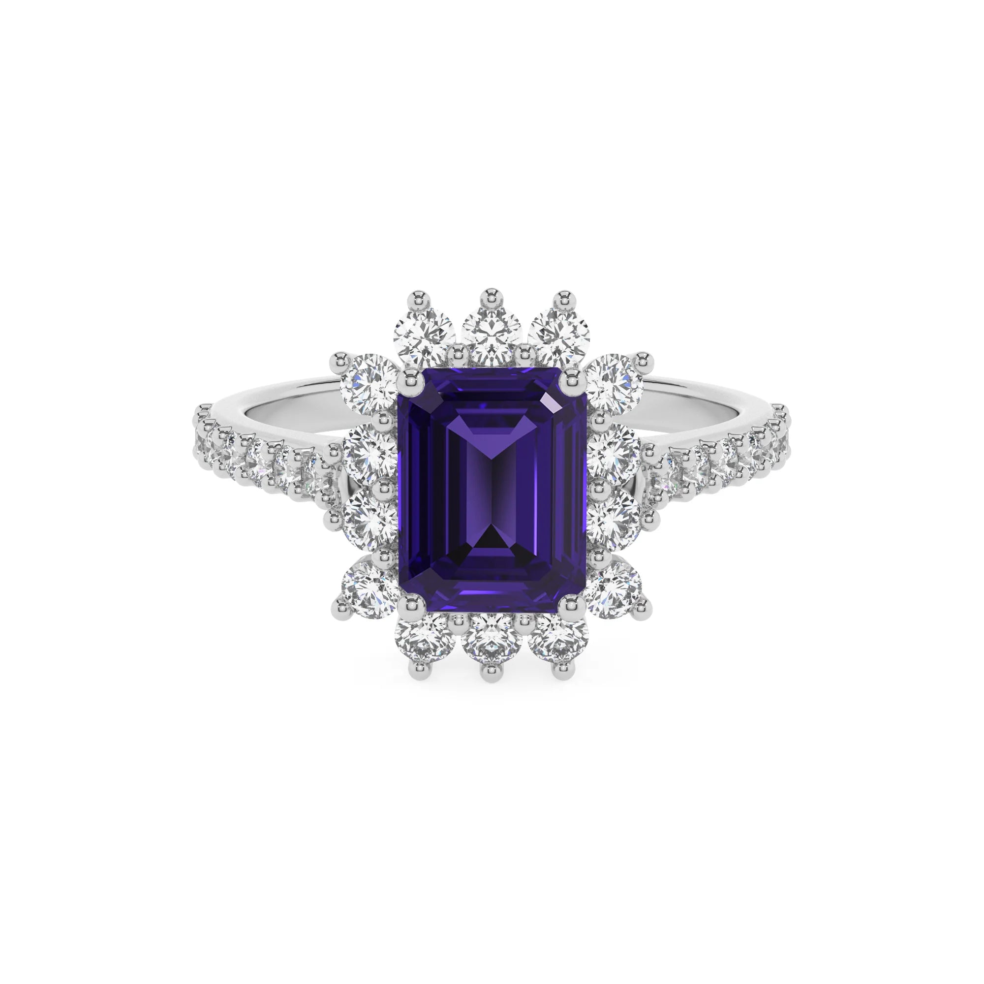 lab grown tanzanite emerald cut solitaire rings in white gold