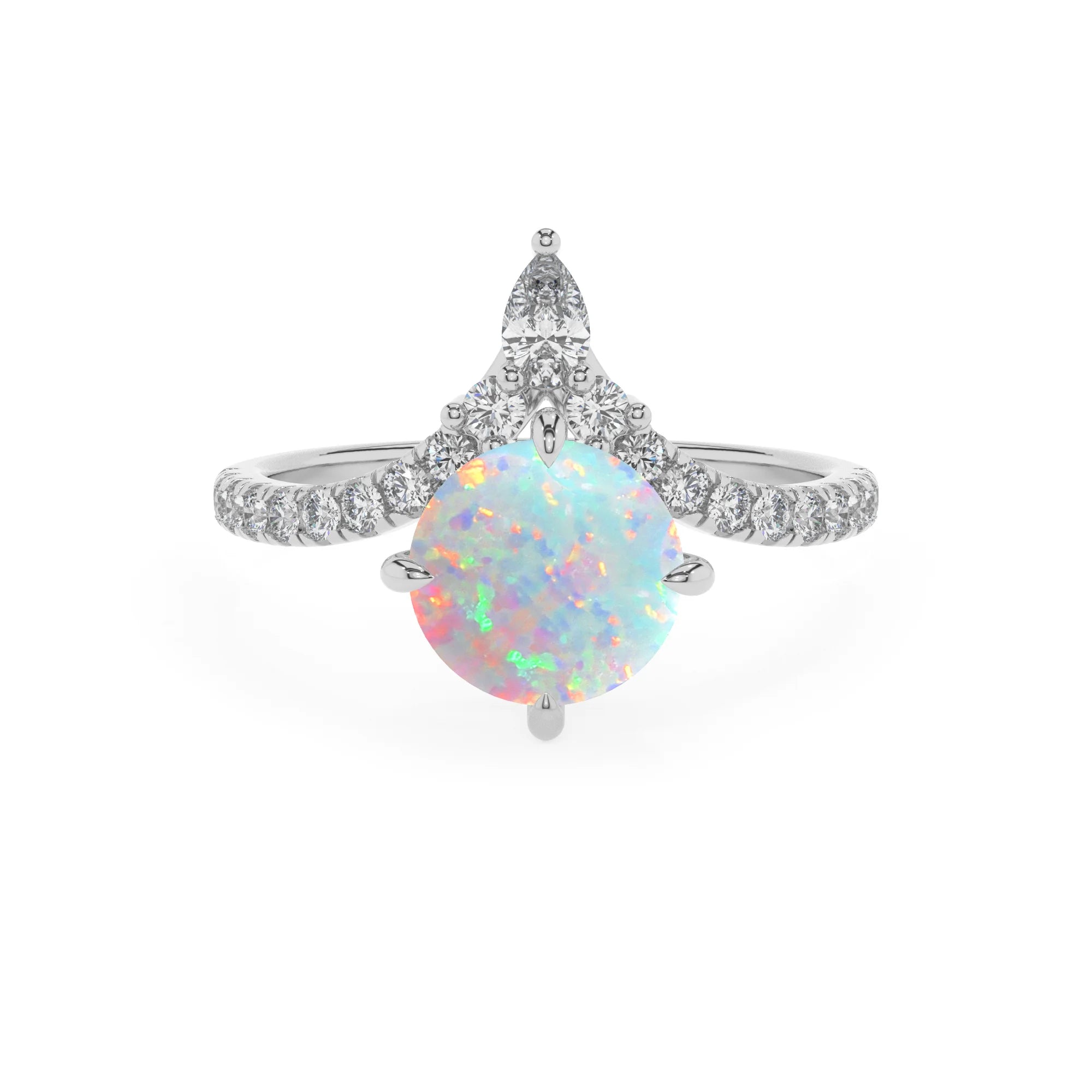 lab grown opal round solitaire rings in white gold