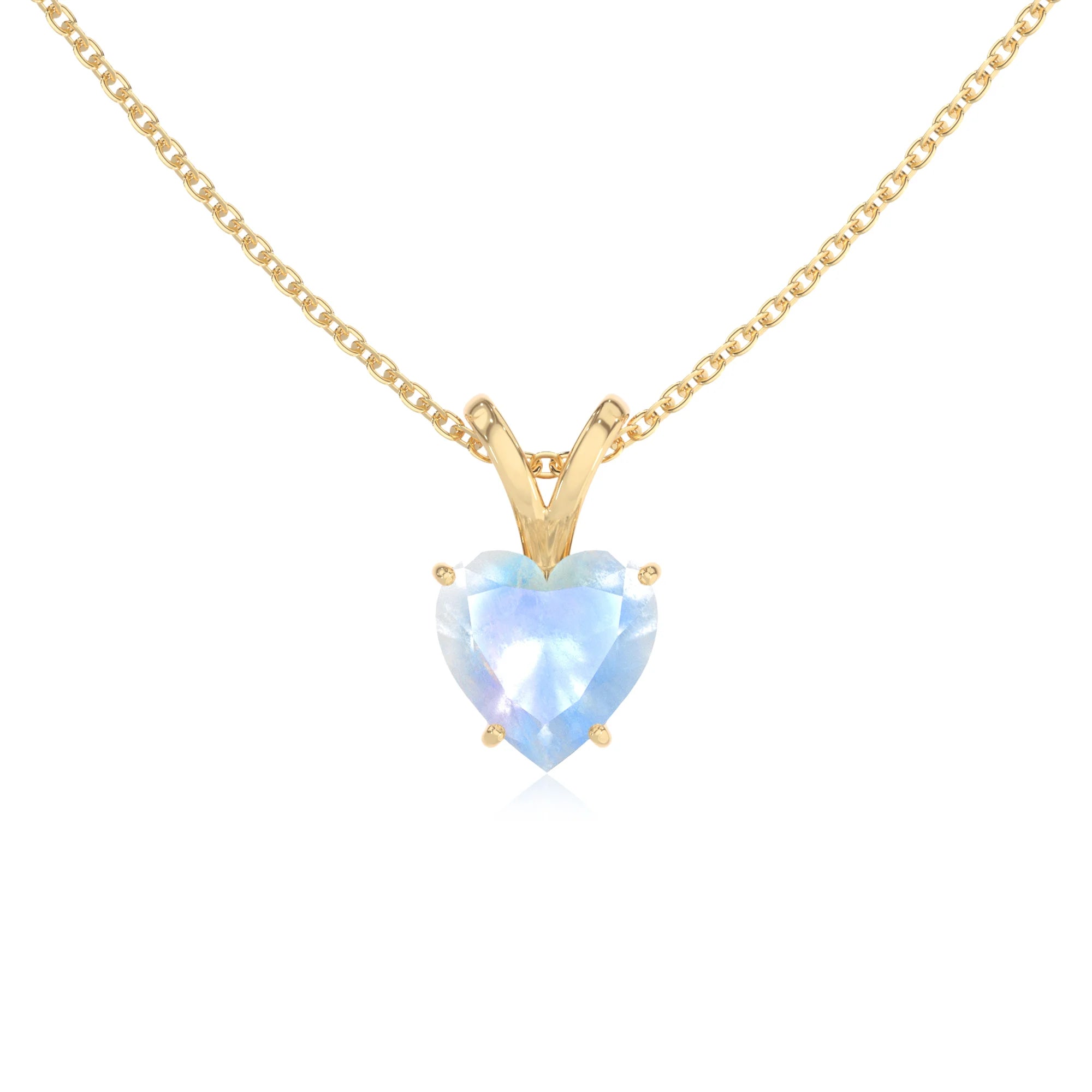 natural rainbow-moonstone heart solitaire v-bale necklaces in yellow gold
