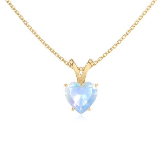 natural rainbow-moonstone heart solitaire v-bale necklaces in yellow gold