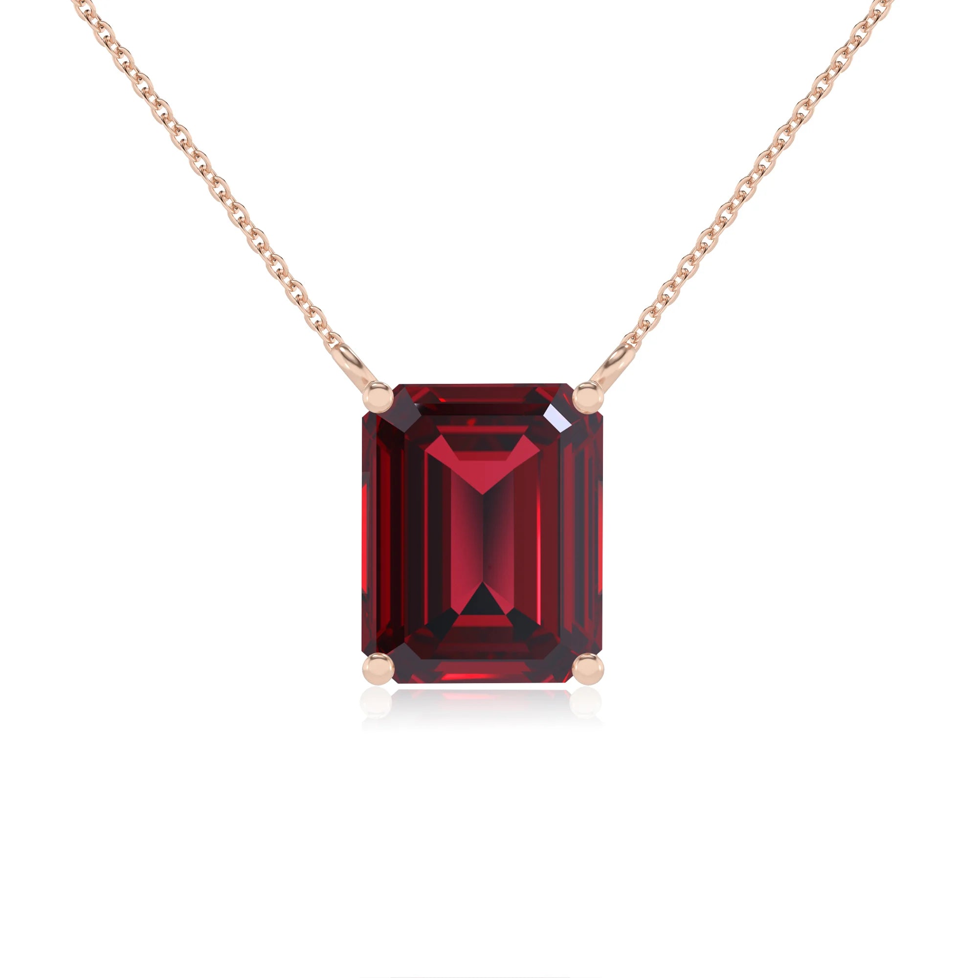 lab grown ruby emerald cut solitaire necklaces in rose gold
