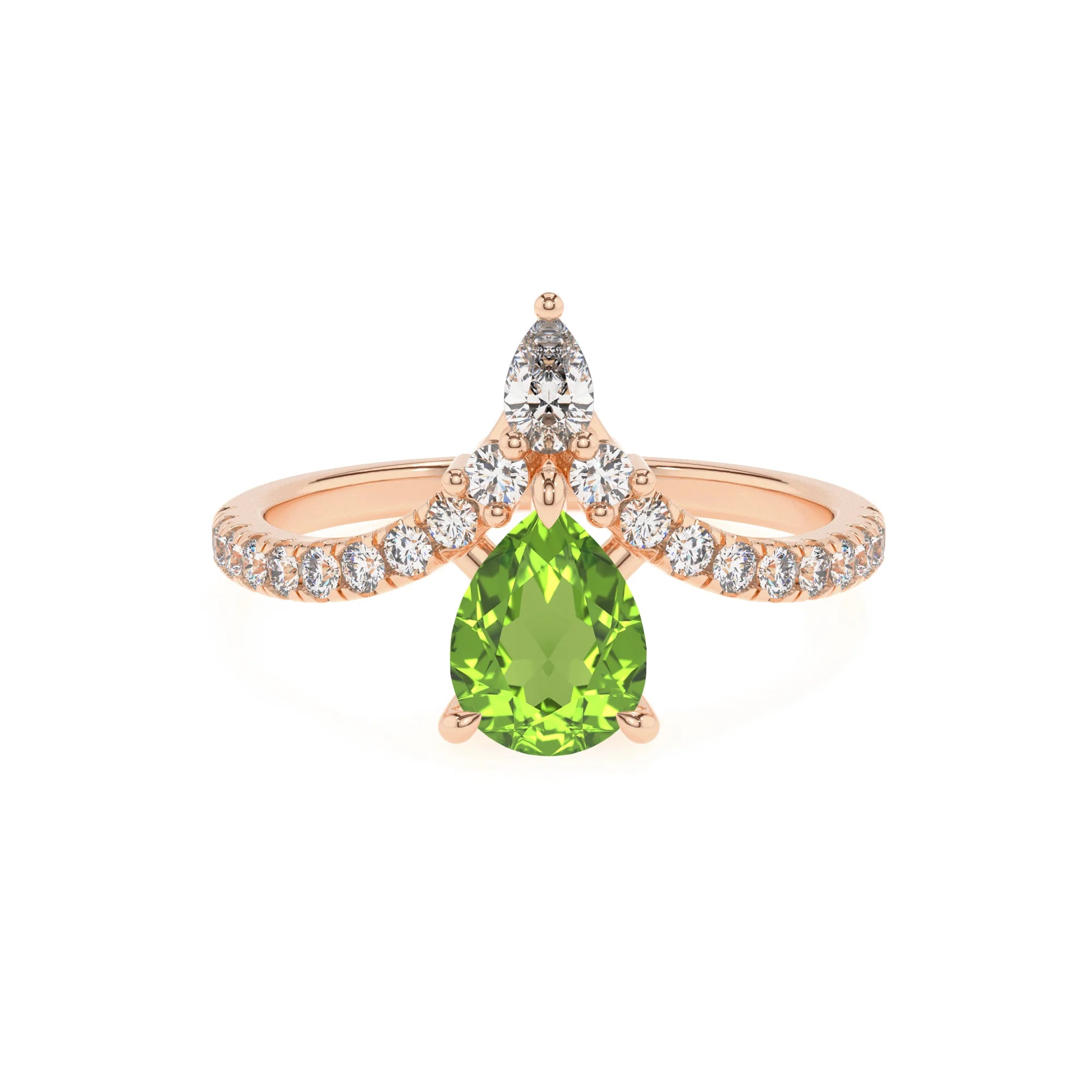 natural peridot pear solitaire rings in rose gold
