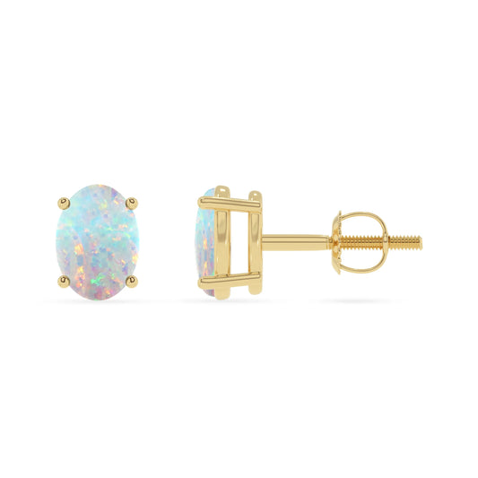 lab grown opal oval stud earrings in yellow gold