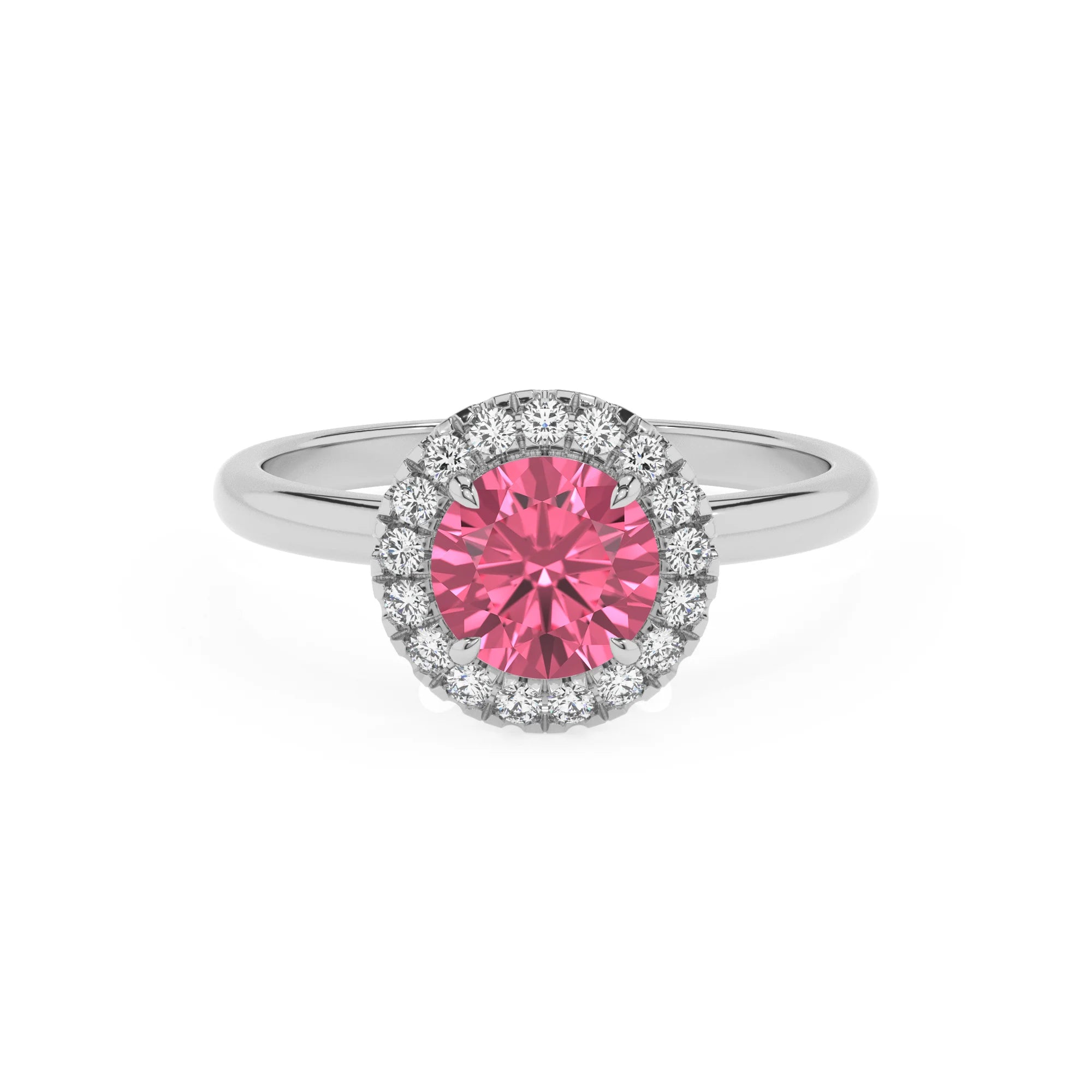 lab grown pink-tourmaline round solitaire rings in white gold