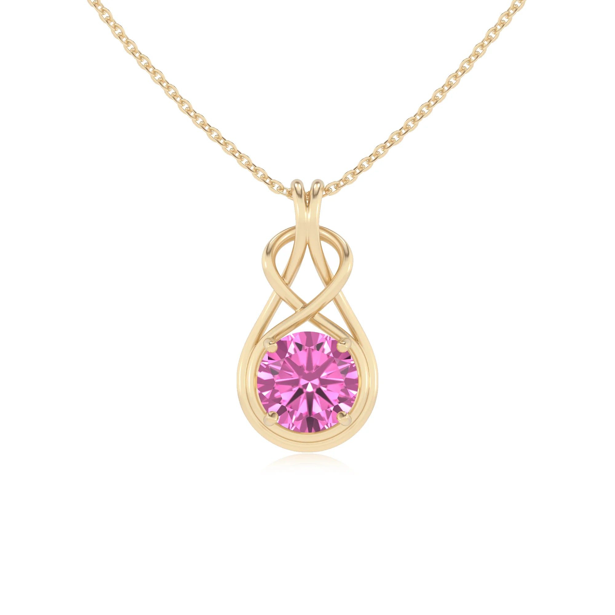 lab grown pink-sapphire round solitaire necklaces in yellow gold