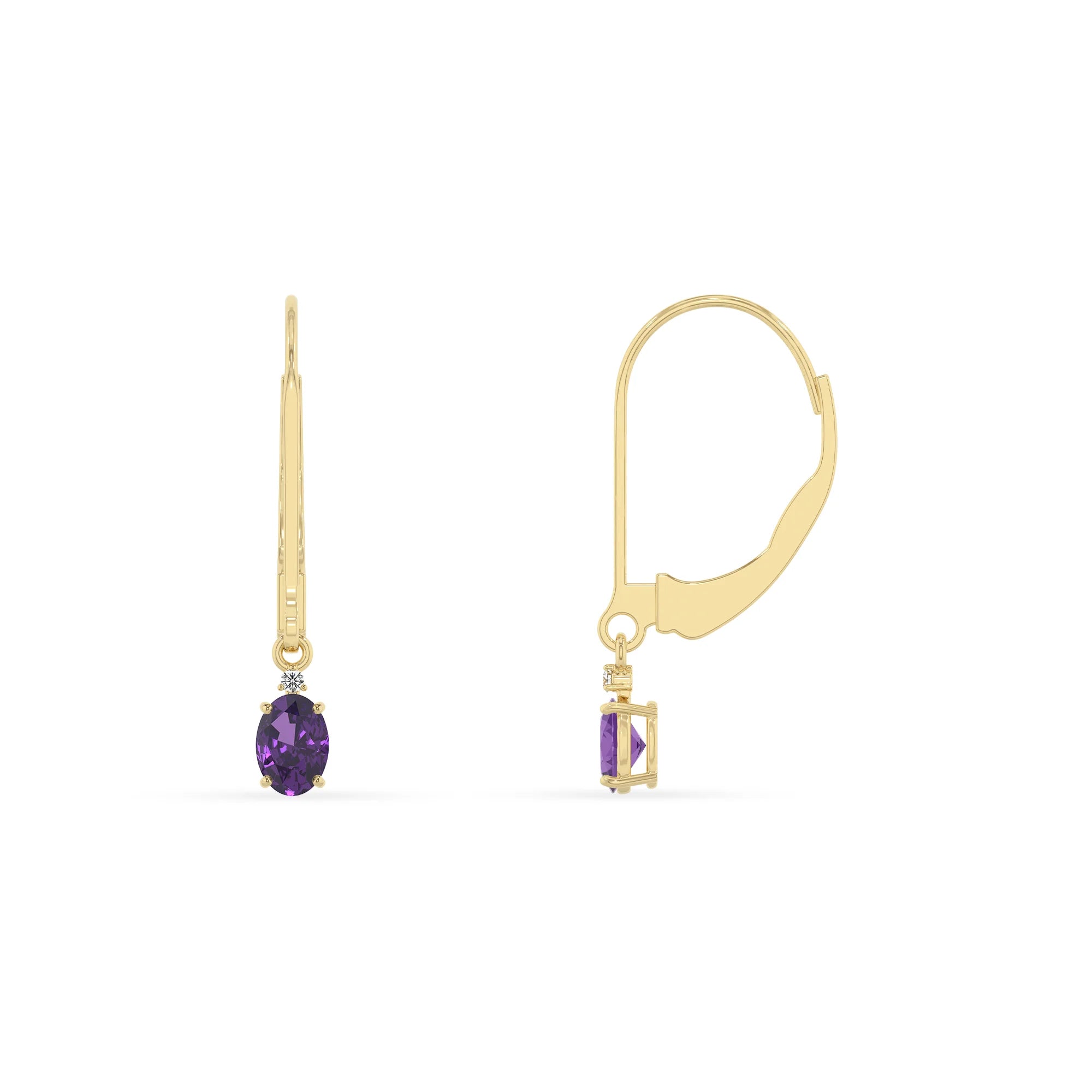 lab grown amethyst oval drop earrings in yellow gold