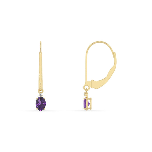 lab grown amethyst oval drop earrings in yellow gold