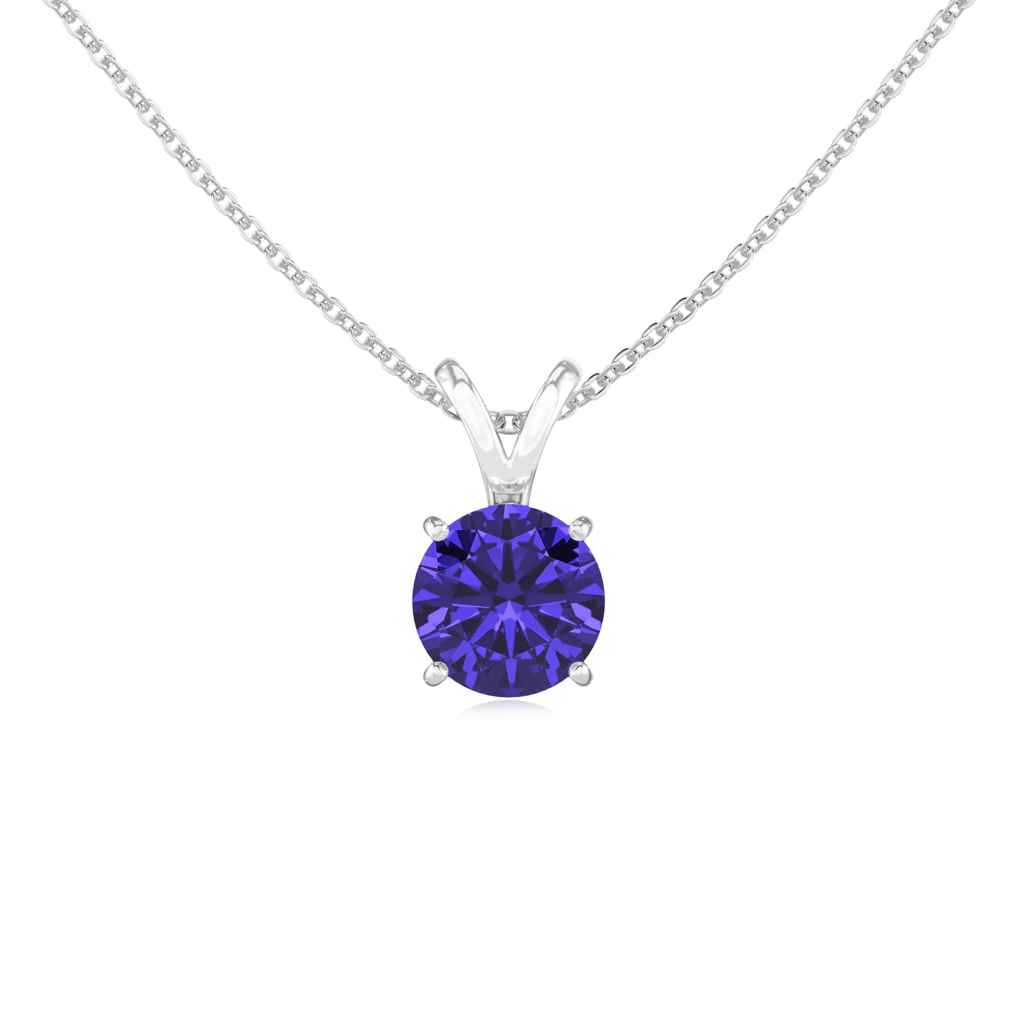 lab grown tanzanite round solitaire v-bale necklaces in platinum