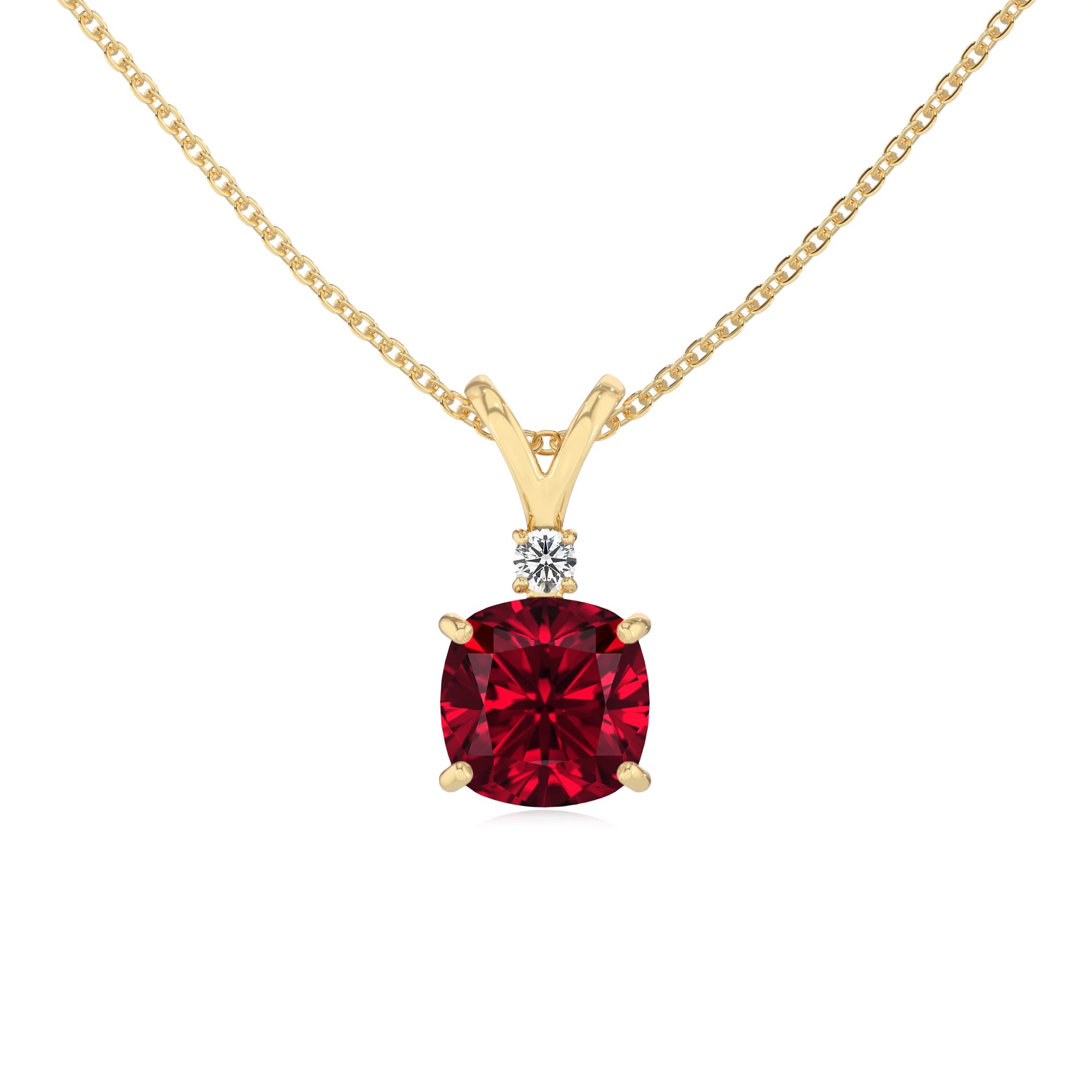 lab grown ruby cushion solitaire v-bale necklaces in yellow gold