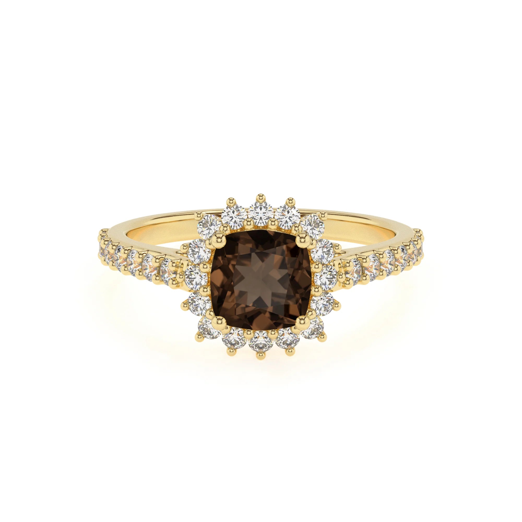 natural smoky-quartz cushion solitaire rings in yellow gold