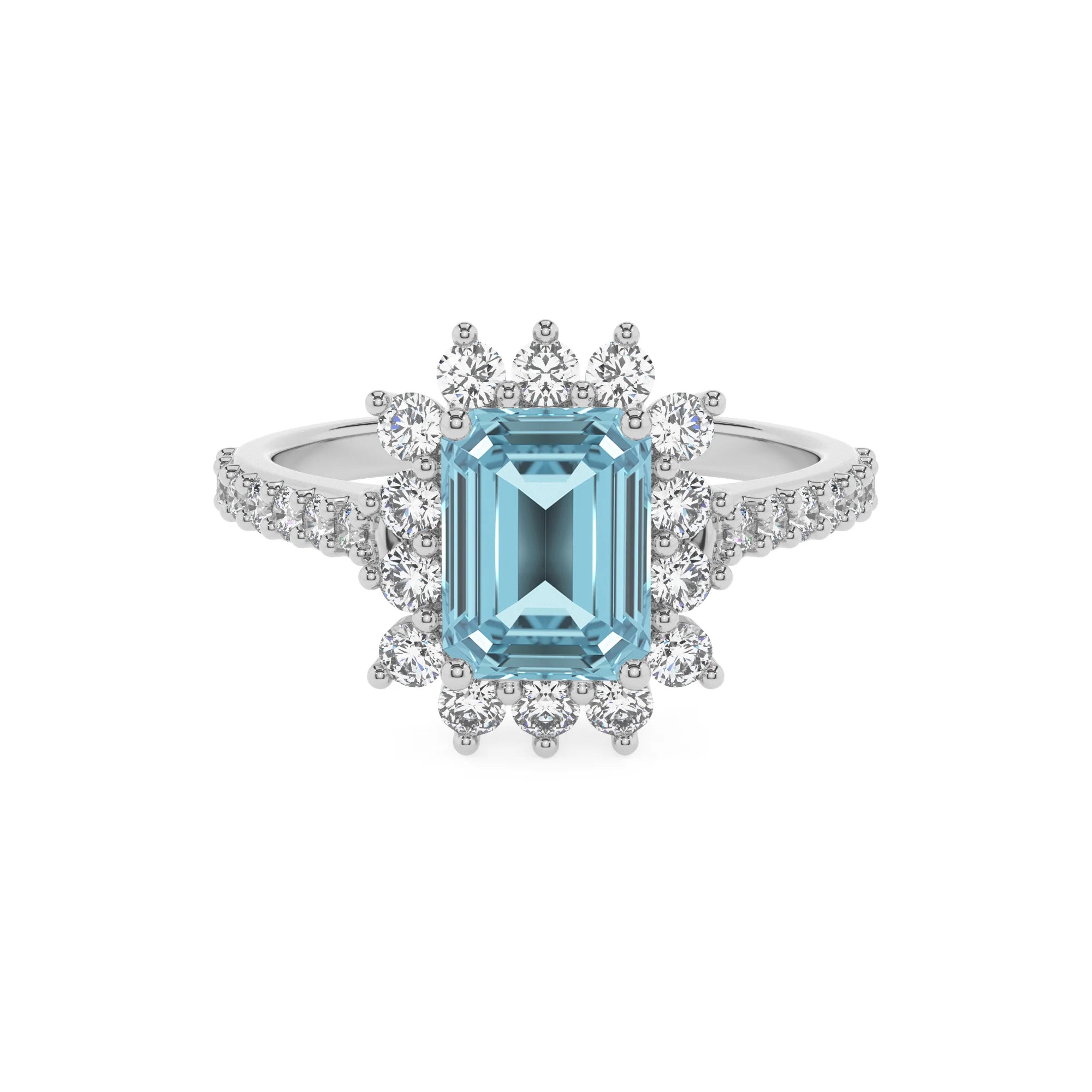 lab grown aquamarine emerald cut solitaire rings in white gold
