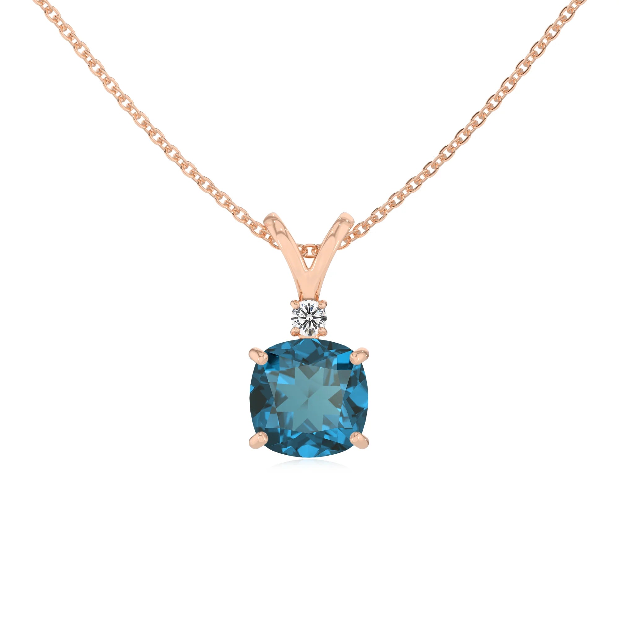 natural london-blue-topaz cushion solitaire v-bale necklaces in rose gold