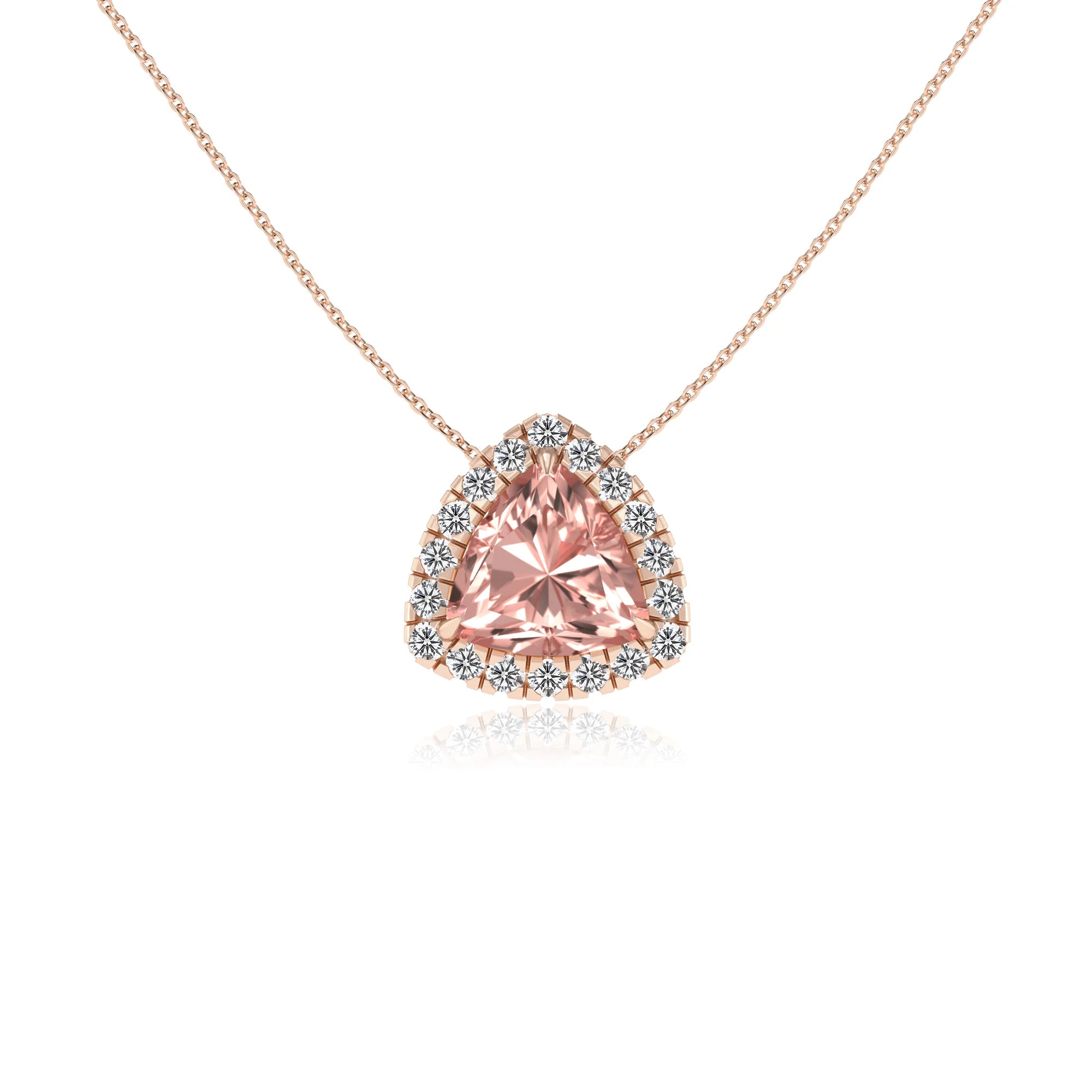 lab grown morganite trillion solitaire necklaces in rose gold