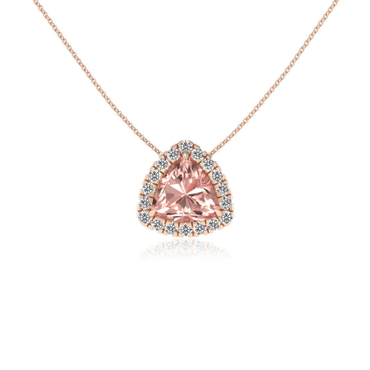 lab grown morganite trillion solitaire necklaces in rose gold