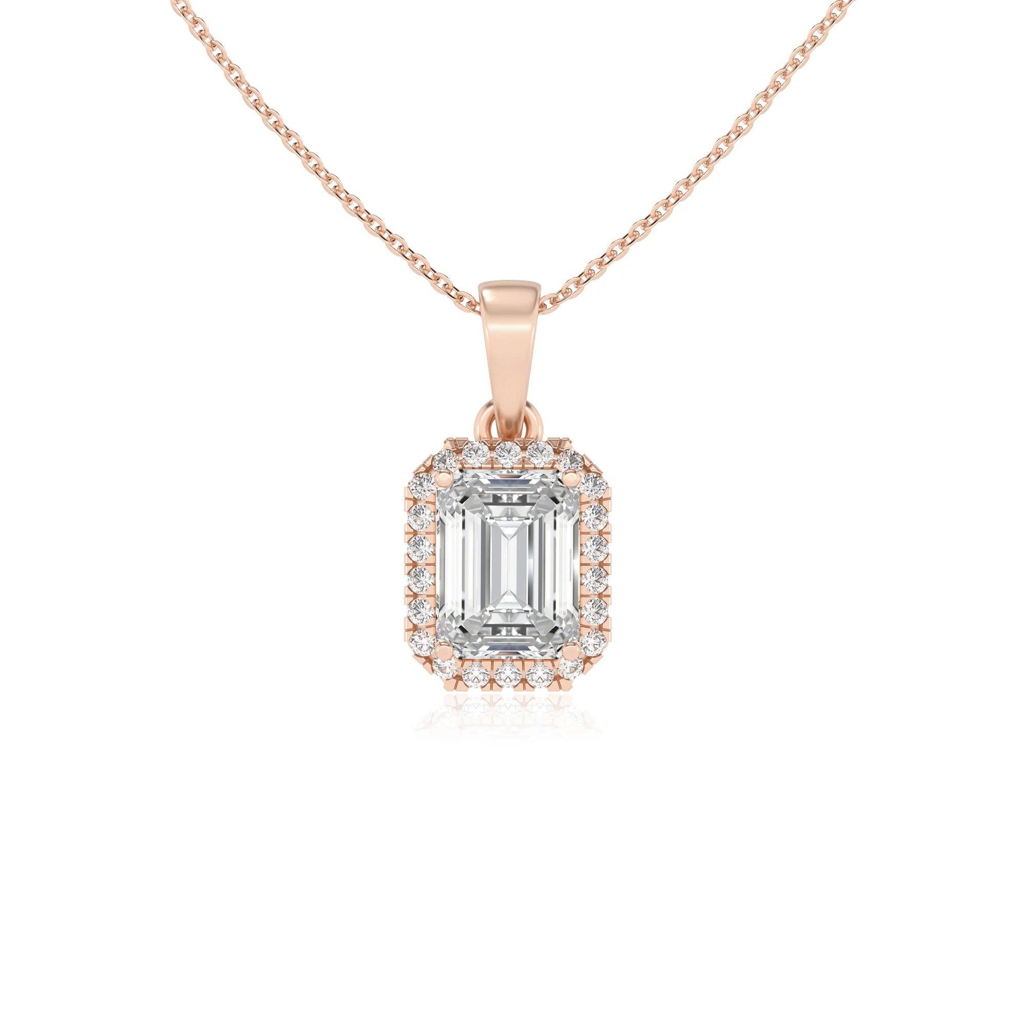 lab grown moissanite emerald cut solitaire necklaces in rose gold
