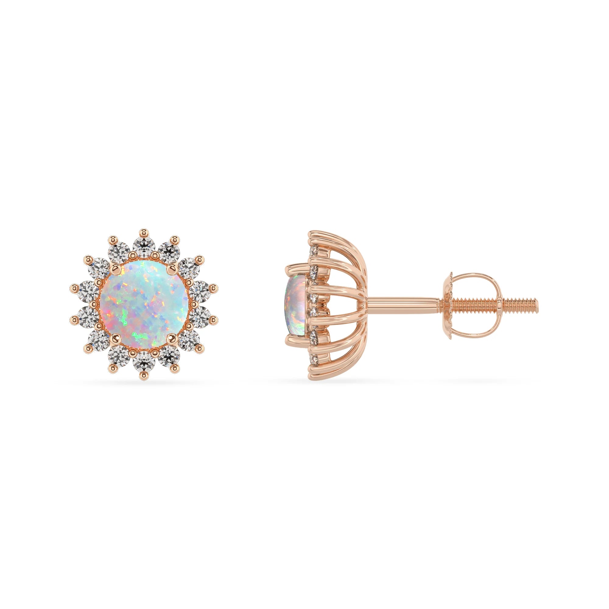 lab grown opal round stud earrings in rose gold