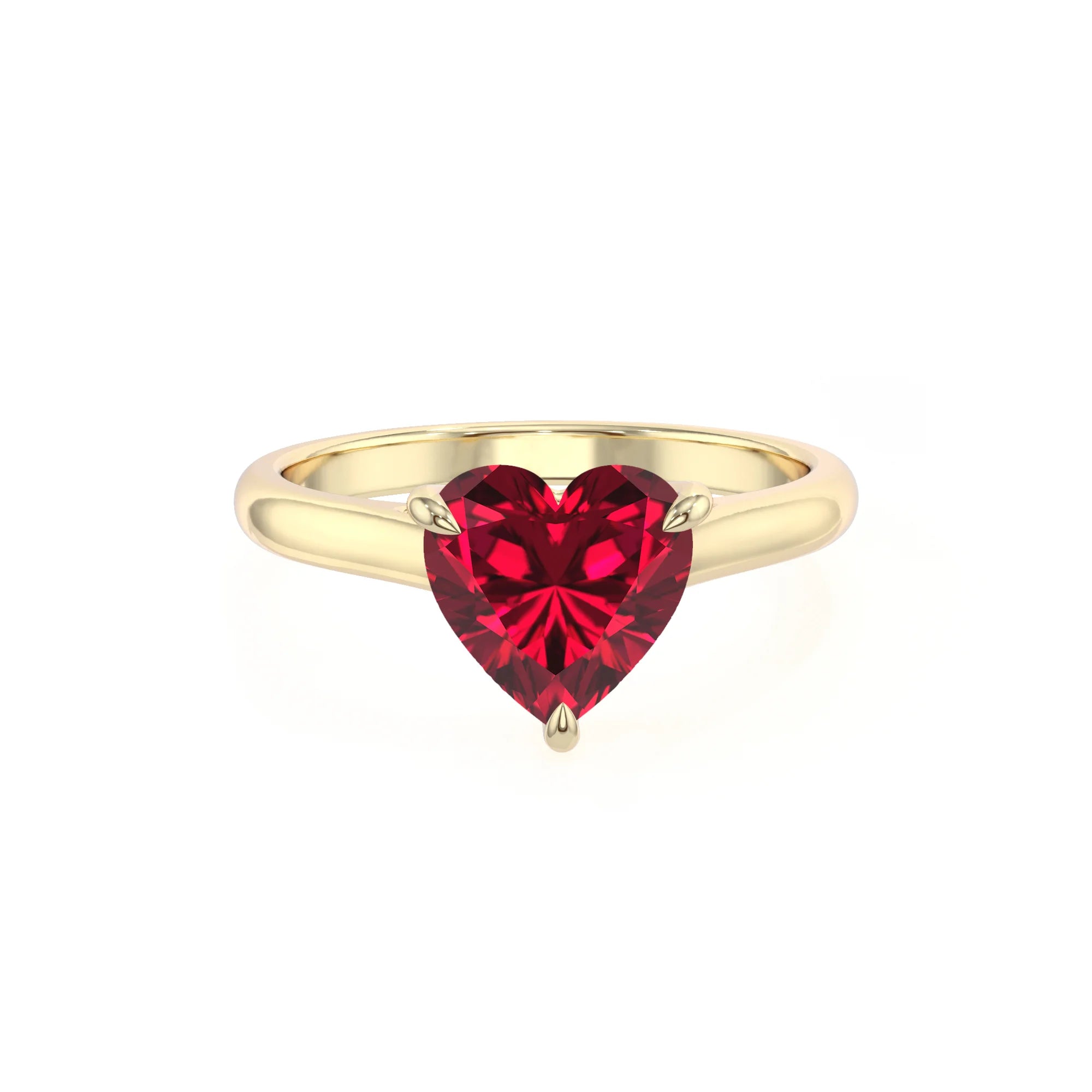 lab grown ruby heart solitaire rings in yellow gold