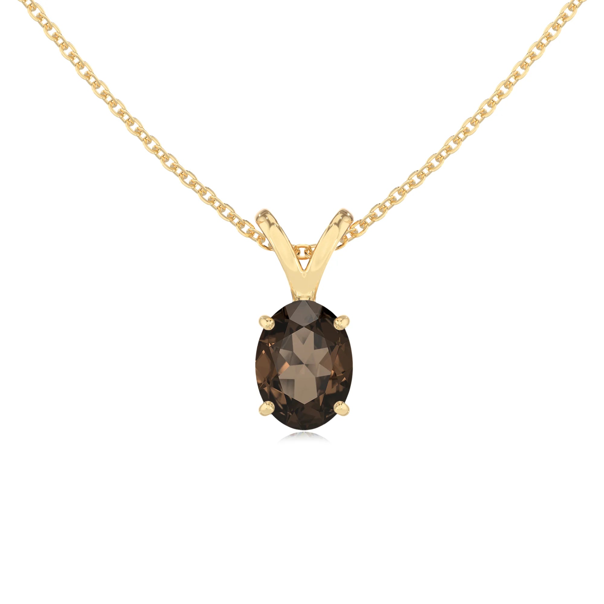natural smoky-quartz oval solitaire v-bale necklaces in yellow gold