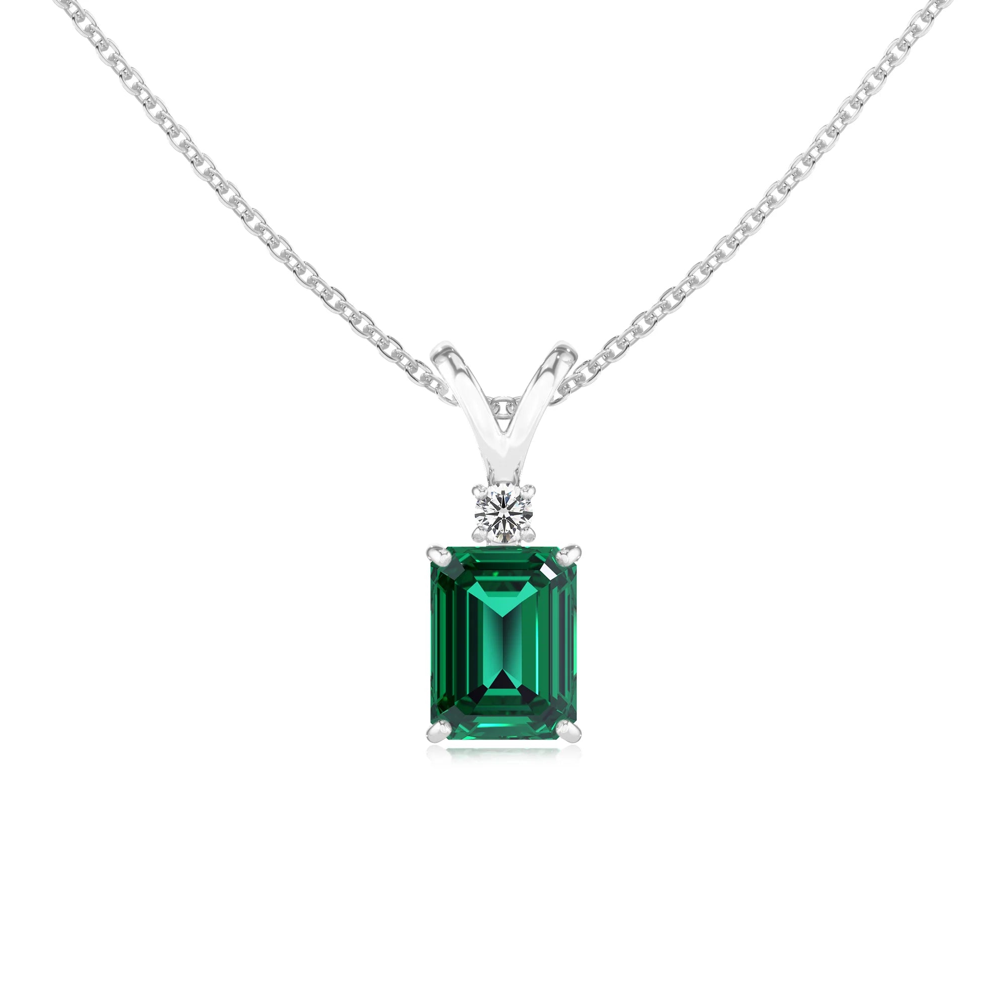 lab grown emerald octogon cut solitaire v-bale necklaces in sterling silver