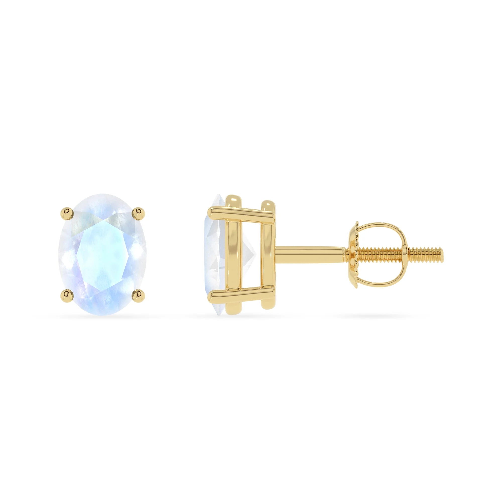 natural rainbow moonstone oval stud earrings in yellow gold