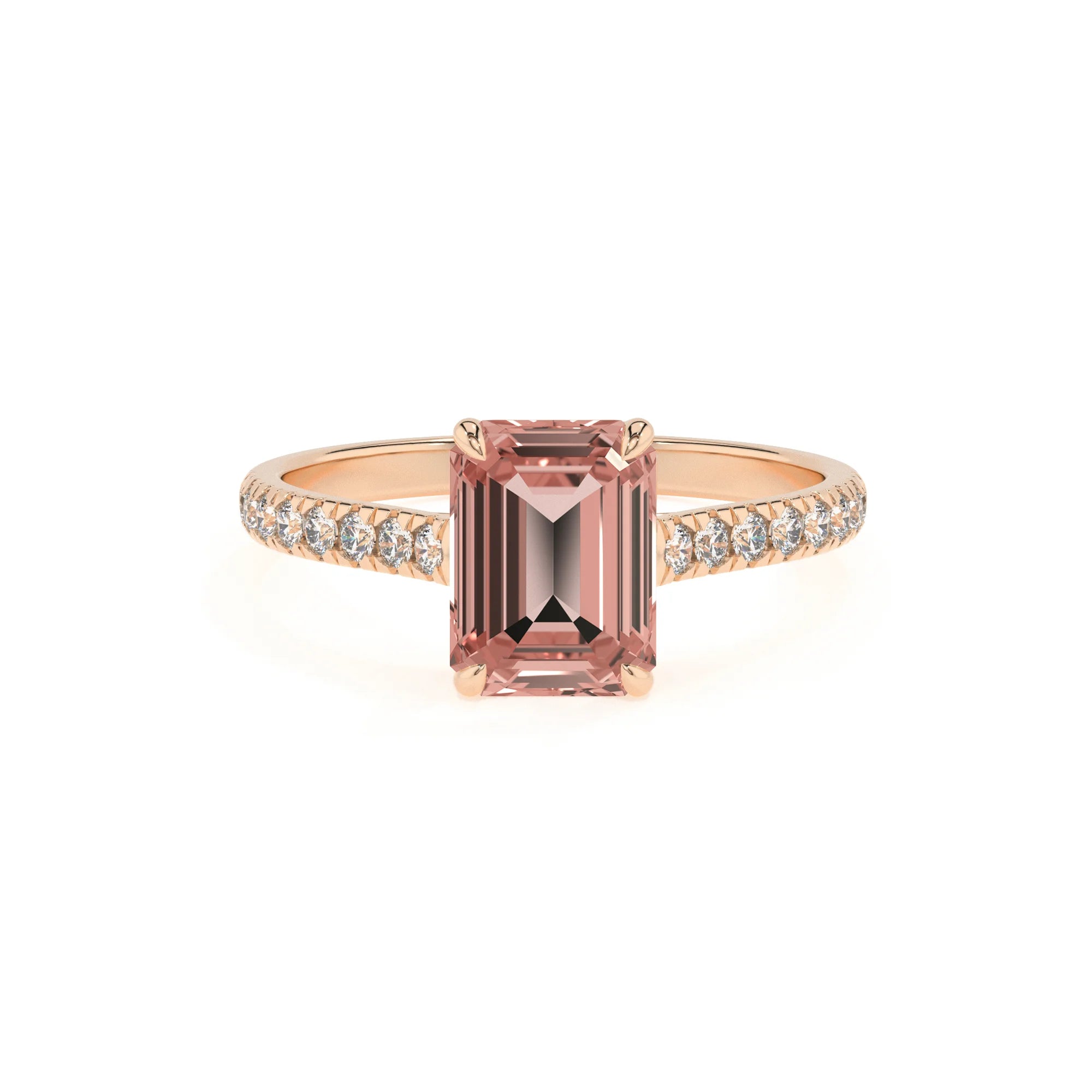 lab grown morganite emerald cut half eternity solitaire engagement rings in rose gold