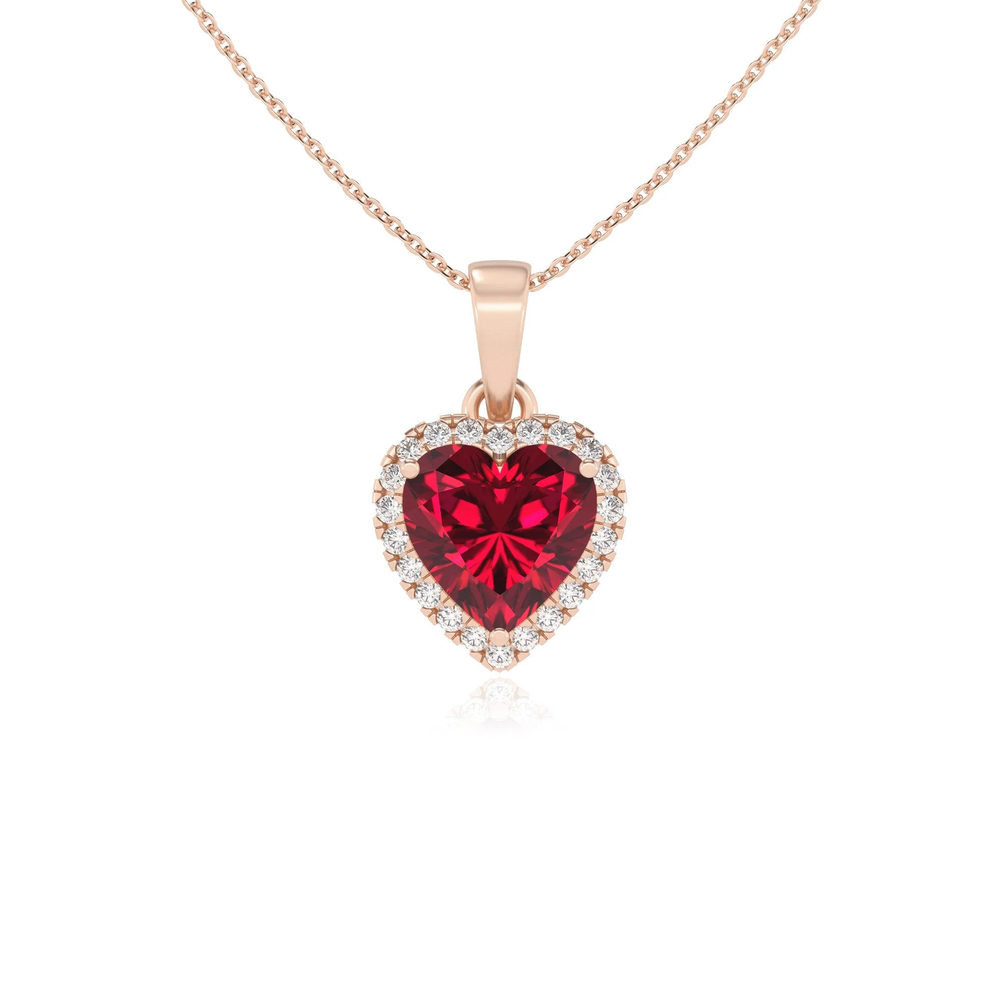 lab grown ruby heart solitaire necklaces in rose gold