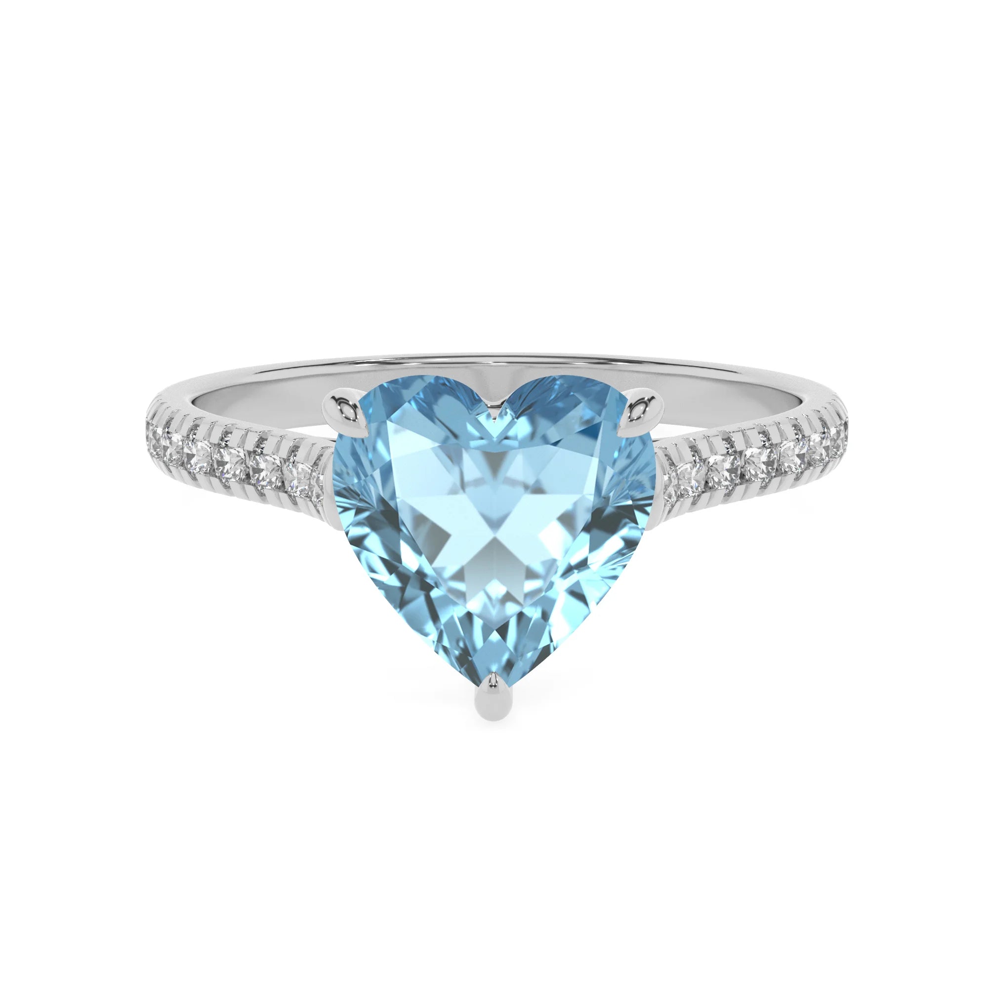 lab grown aquamarine heart half eternity solitaire engagement rings in white gold