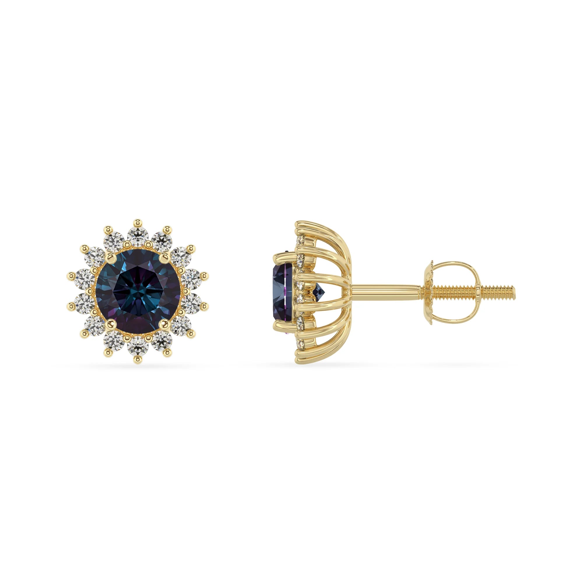lab grown alexandrite round stud earrings in yellow gold