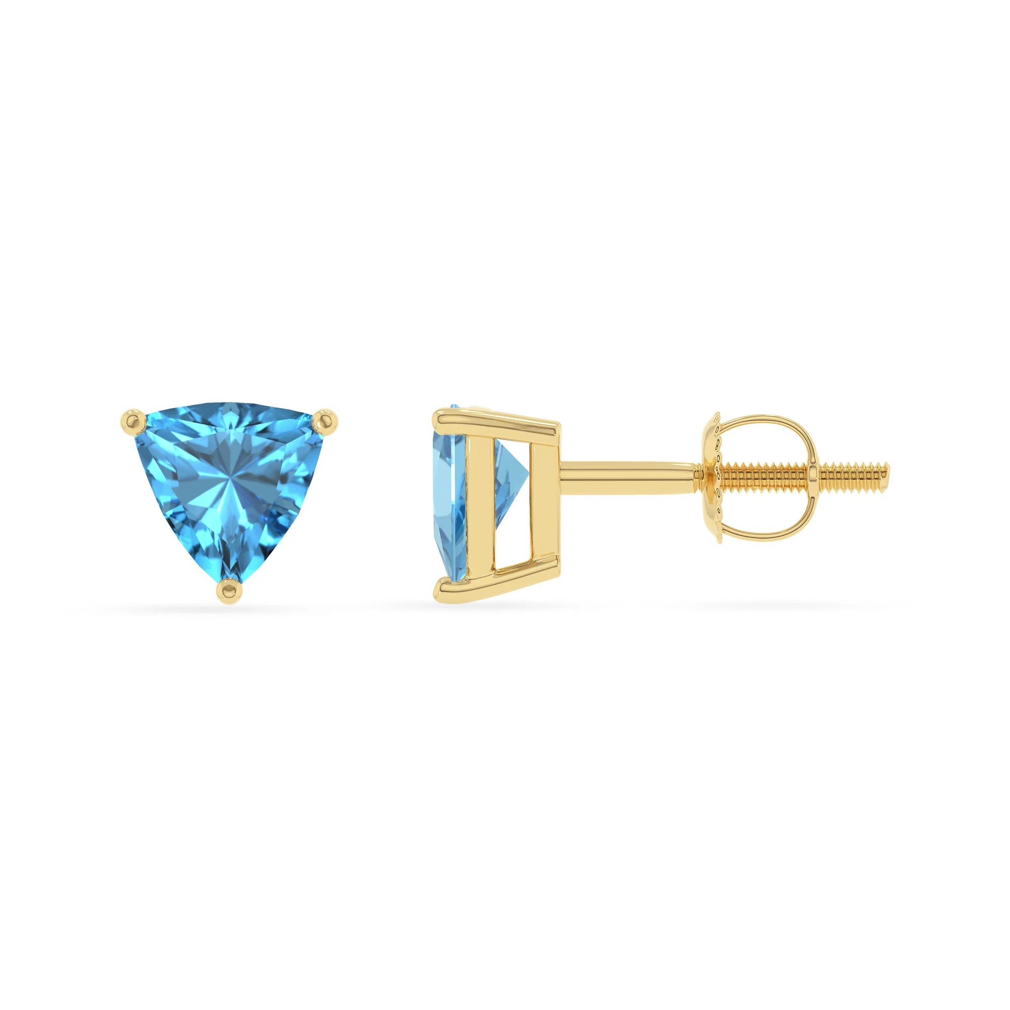 natural swiss blue topaz trillion stud earrings in yellow gold